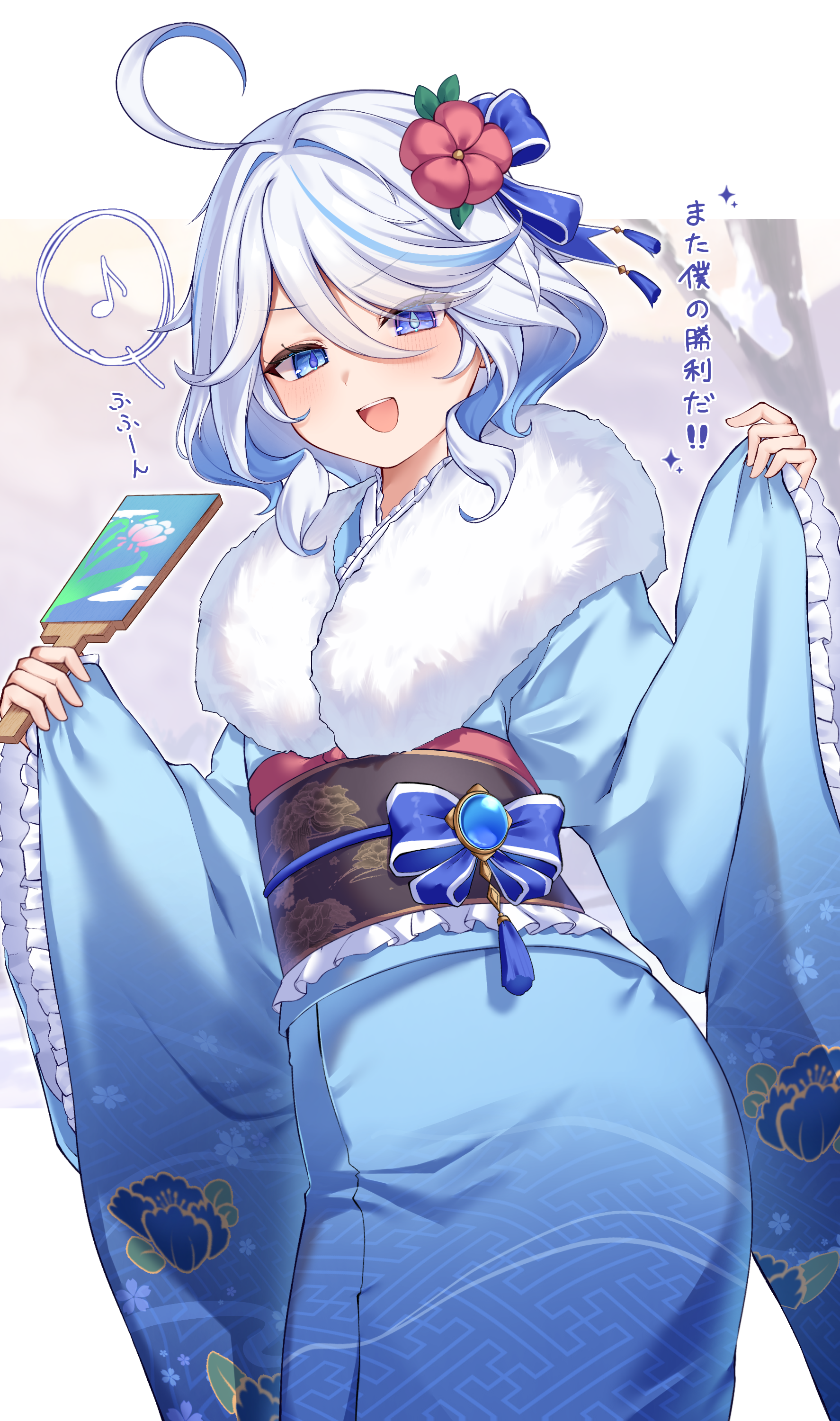 makaroni (makaroni kana), furina (genshin impact), genshin impact, absurdres, commentary request, highres, translation request, 1girl, ahoge, alternate costume, aqua eyes, blue eyes, blue hair, blue kimono, blush, drop-shaped pupils, floral print, floral print kimono, flower, fur-trimmed kimono, fur trim, gradient hair, hair between eyes, hair flower, hair ornament, heterochromia, holding, japanese clothes, kimono, long sleeves, looking at viewer, medium hair, multicolored hair, obi, open mouth, print kimono, sash, smile, solo, symbol-shaped pupils, wide sleeves