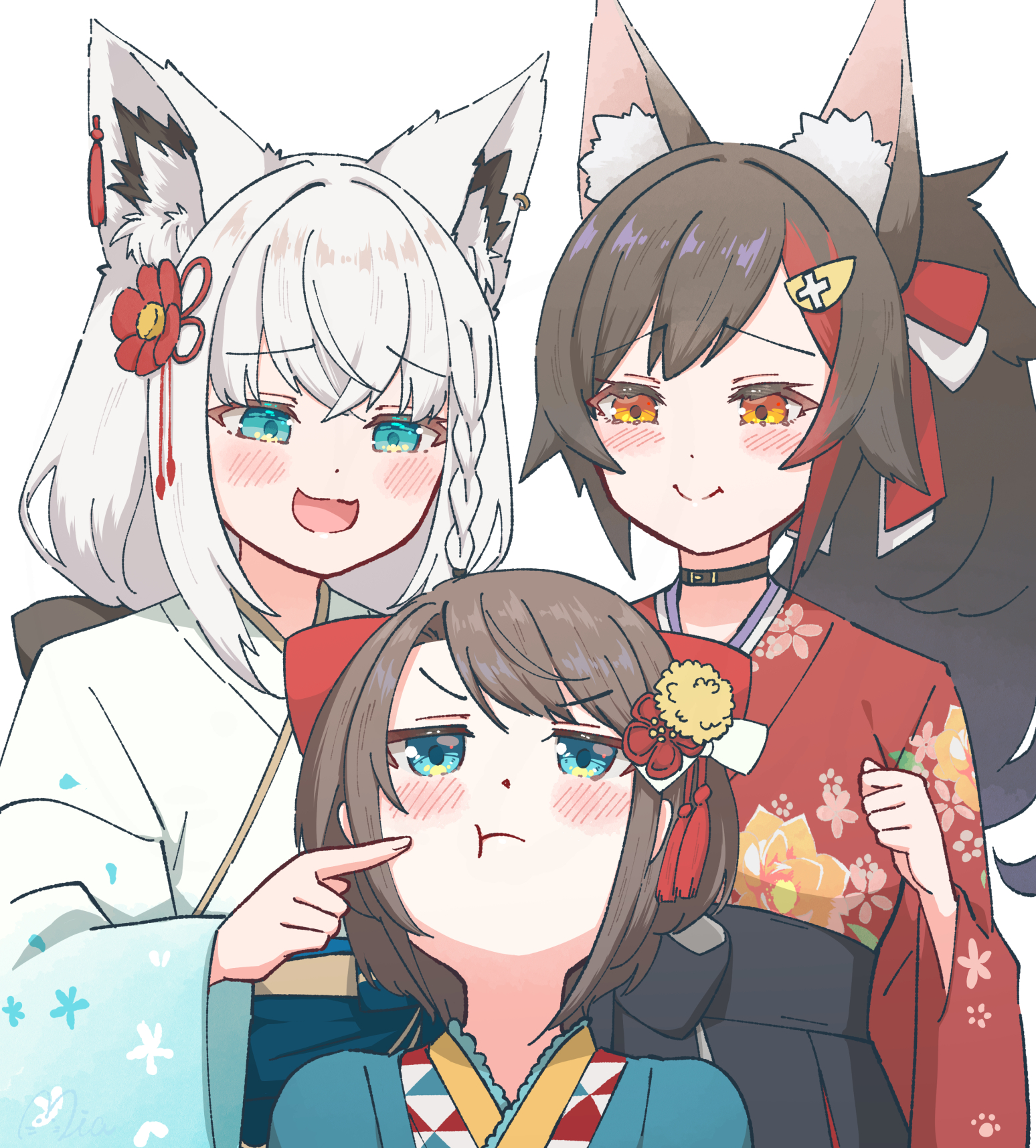 mia960, ookami mio, oozora subaru, shirakami fubuki, hololive, commentary request, highres, 3girls, :3, :d, :t, animal ear fluff, animal ears, aqua eyes, black choker, black hair, black hakama, braid, cheek poking, choker, dot nose, earrings, floral print, flower, fox ears, fox girl, hair between eyes, hair flower, hair ornament, hakama, japanese clothes, jewelry, kimono, long hair, long sleeves, looking at another, looking down, multicolored hair, multiple girls, open mouth, poking, ponytail, red hair, simple background, single braid, single earring, smile, smug, virtual youtuber, white hair, wide sleeves, wolf ears, wolf girl, yellow eyes