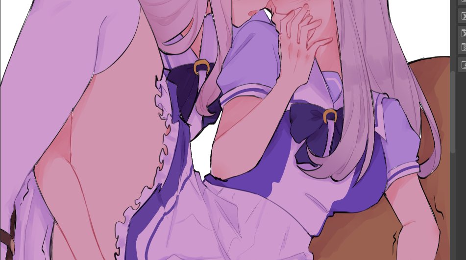 pockiseisont, gold ship (umamusume), mejiro mcqueen (umamusume), umamusume, commentary, commission, english commentary, 2girls, art program in frame, bow, bowtie, covering another's mouth, hand over another's mouth, implied fingering, long hair, multiple girls, open mouth, out-of-frame censoring, purple bow, purple bowtie, purple hair, purple shirt, purple skirt, purple thighhighs, shirt, simple background, skirt, thighhighs, white background, yuri