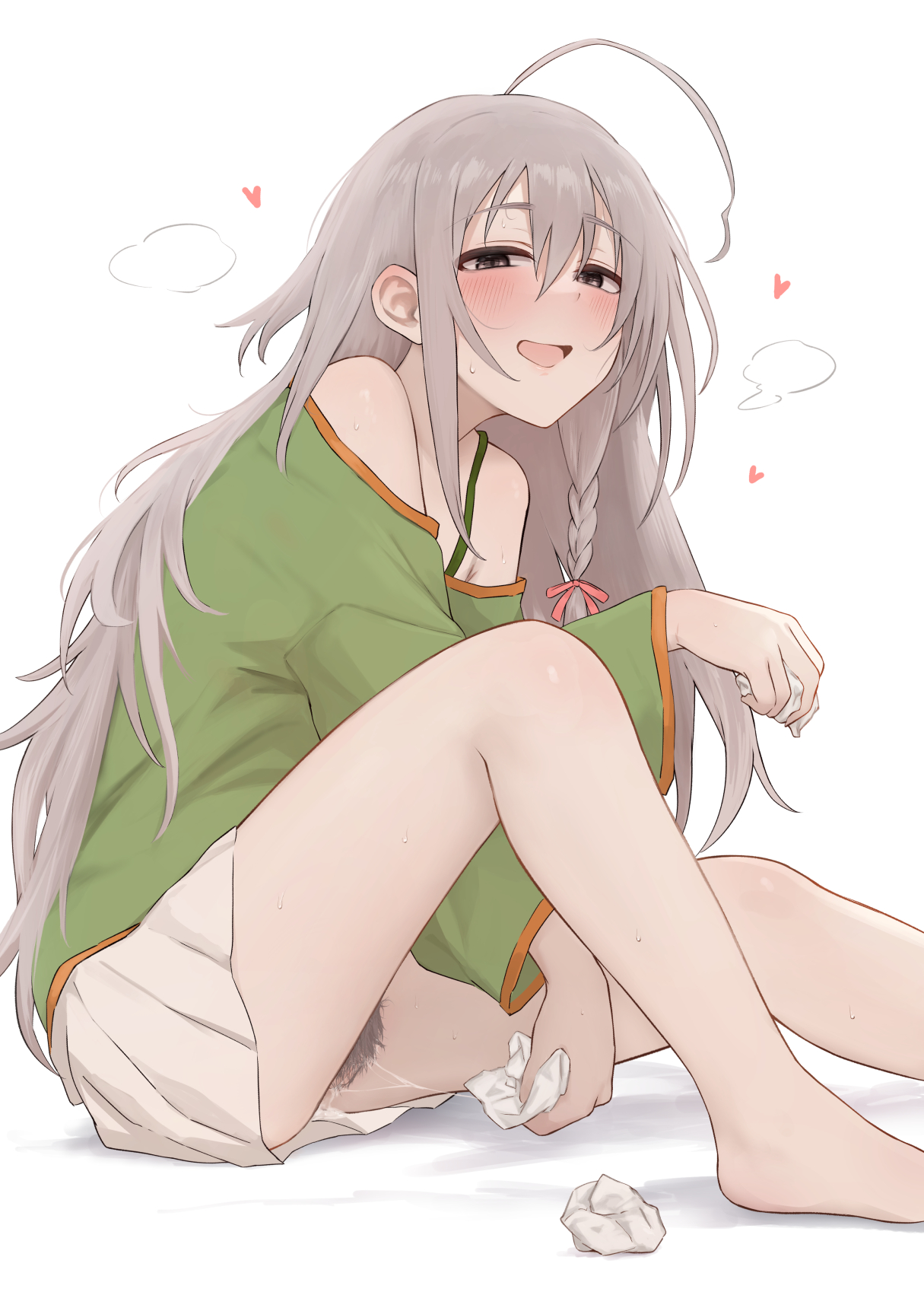 gobi (jtnyrwbkohiqsuldg), hoshi syoko, idolmaster, idolmaster cinderella girls, commentary request, highres, 1girl, aftersex, ahoge, bare shoulders, barefoot, bed sheet, blush, braid, brown eyes, brown hair, dot nose, feet out of frame, green shirt, hair ribbon, heart, heavy breathing, long hair, looking at viewer, open mouth, oversized clothes, oversized shirt, pleated skirt, pubic hair, pussy juice, pussy juice trail, red ribbon, ribbon, shirt, simple background, single braid, single sidelock, skirt, smile, solo, steam, strap, sweat, thighs, tissue, used tissue, very long hair, white background, white skirt, wiping pussy