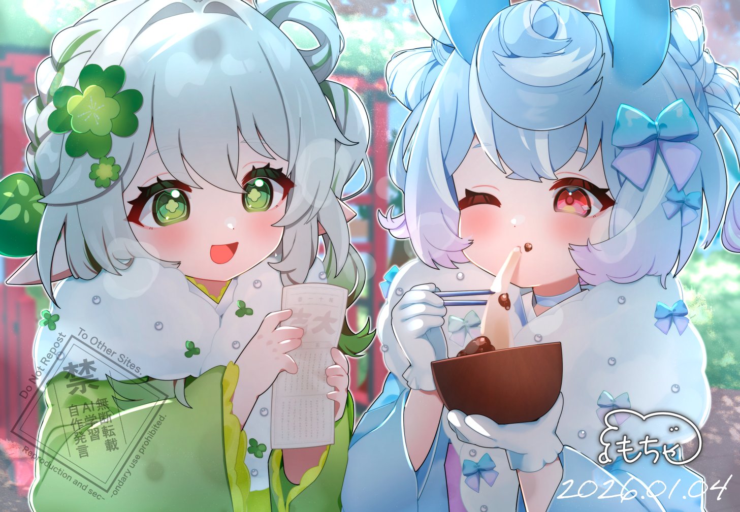 melusine (genshin impact), nahida (genshin impact), sigewinne (genshin impact), genshin impact, commentary request, 2girls, :d, alternate costume, animal ears, blue bow, blue hair, blue kimono, blush, bow, bowl, clover hair ornament, cross-shaped pupils, dated, day, eating, food, food on face, fur-trimmed kimono, fur trim, gloves, gradient hair, green eyes, green hair, green kimono, hair between eyes, hair bow, hair ornament, hands up, holding, holding bowl, holding omikuji, inui hinamochi, japanese clothes, kimono, leaf hair ornament, mochi, mochi trail, multicolored hair, multiple girls, omikuji, one eye closed, open mouth, outdoors, pointy ears, red eyes, side ponytail, signature, smile, symbol-shaped pupils, white gloves, white hair