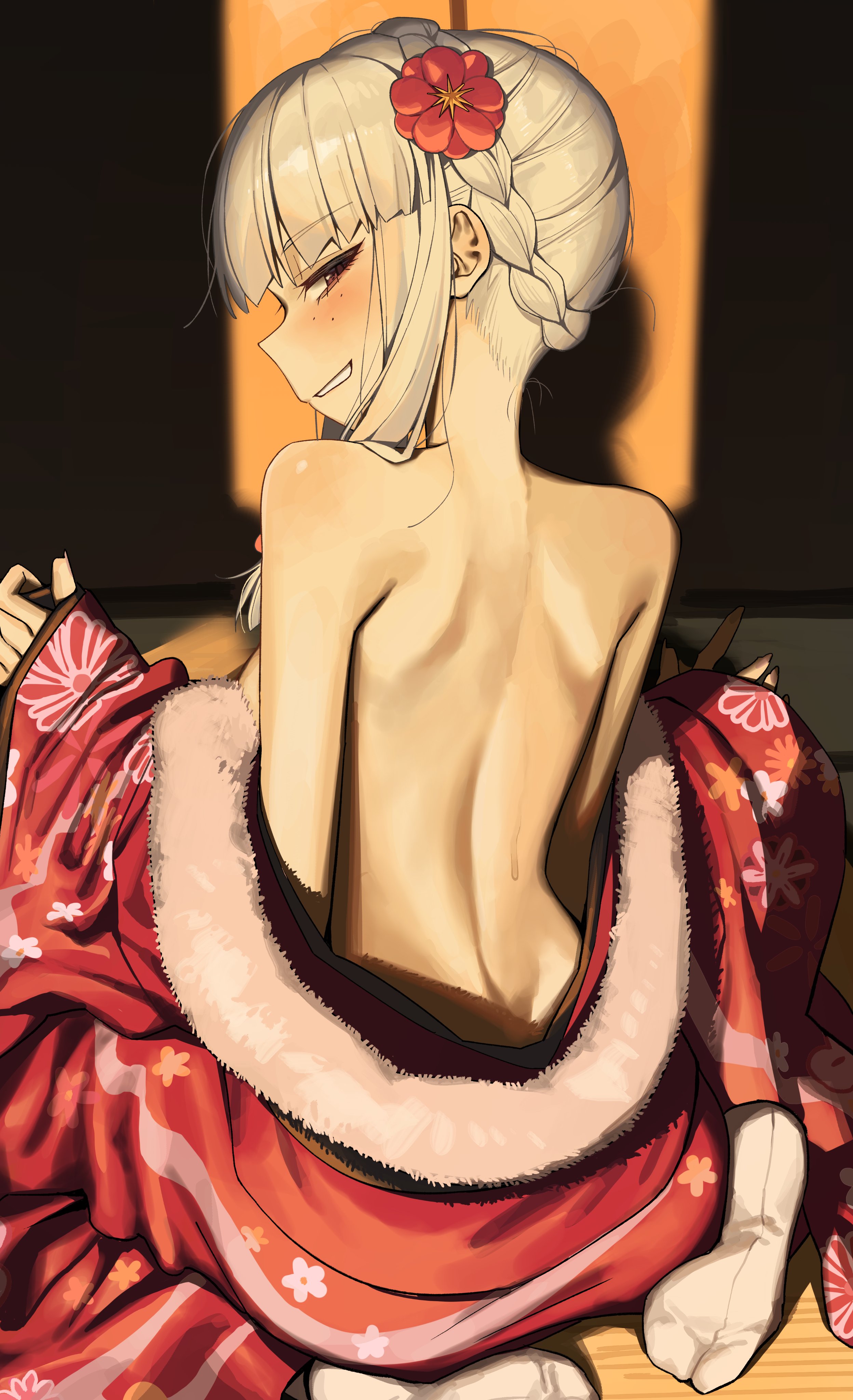 syhan, agria (new year) (tales), agria (tales), tales of (series), tales of asteria, tales of xillia, absurdres, commission, highres, 1girl, bare back, blunt bangs, blush, braid, feet, floral print, flower, flower pin, freckles, from behind, fur-trimmed kimono, fur trim, hair flower, hair ornament, indoors, japanese clothes, kimono, kimono partially removed, kimono pull, long hair, looking at viewer, looking back, purple eyes, red kimono, shadow, sidelocks, solo, sweat, tabi, undressing, white hair