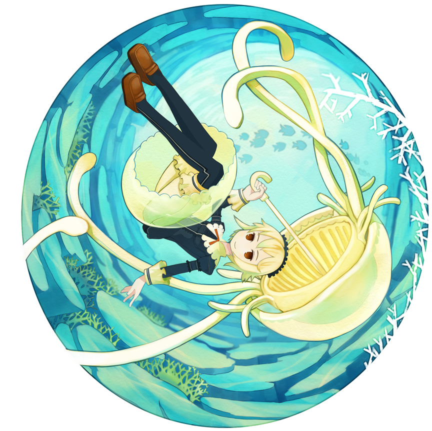 haruno, haruno sora, original, 1girl, blonde hair, bloomers, brown eyes, circle, dress, female focus, fish, globe, jellyfish, looking at viewer, no nose, short hair, smile, solo, thighhighs, umbrella, underwear, upside-down