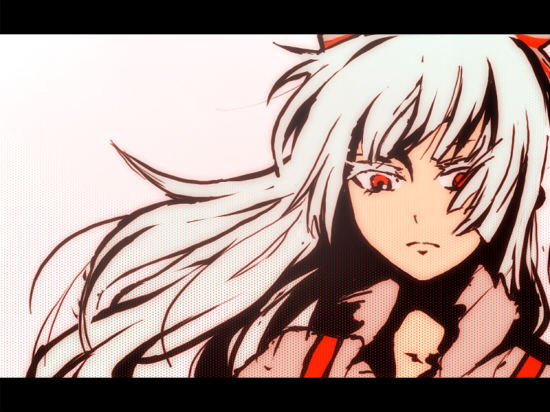 ashikubi, fujiwara no mokou, touhou, bad id, bad pixiv id, 1girl, bow, female focus, gradient background, hair bow, letterboxed, long hair, looking down, portrait, red eyes, shirt, solo, white hair, wind