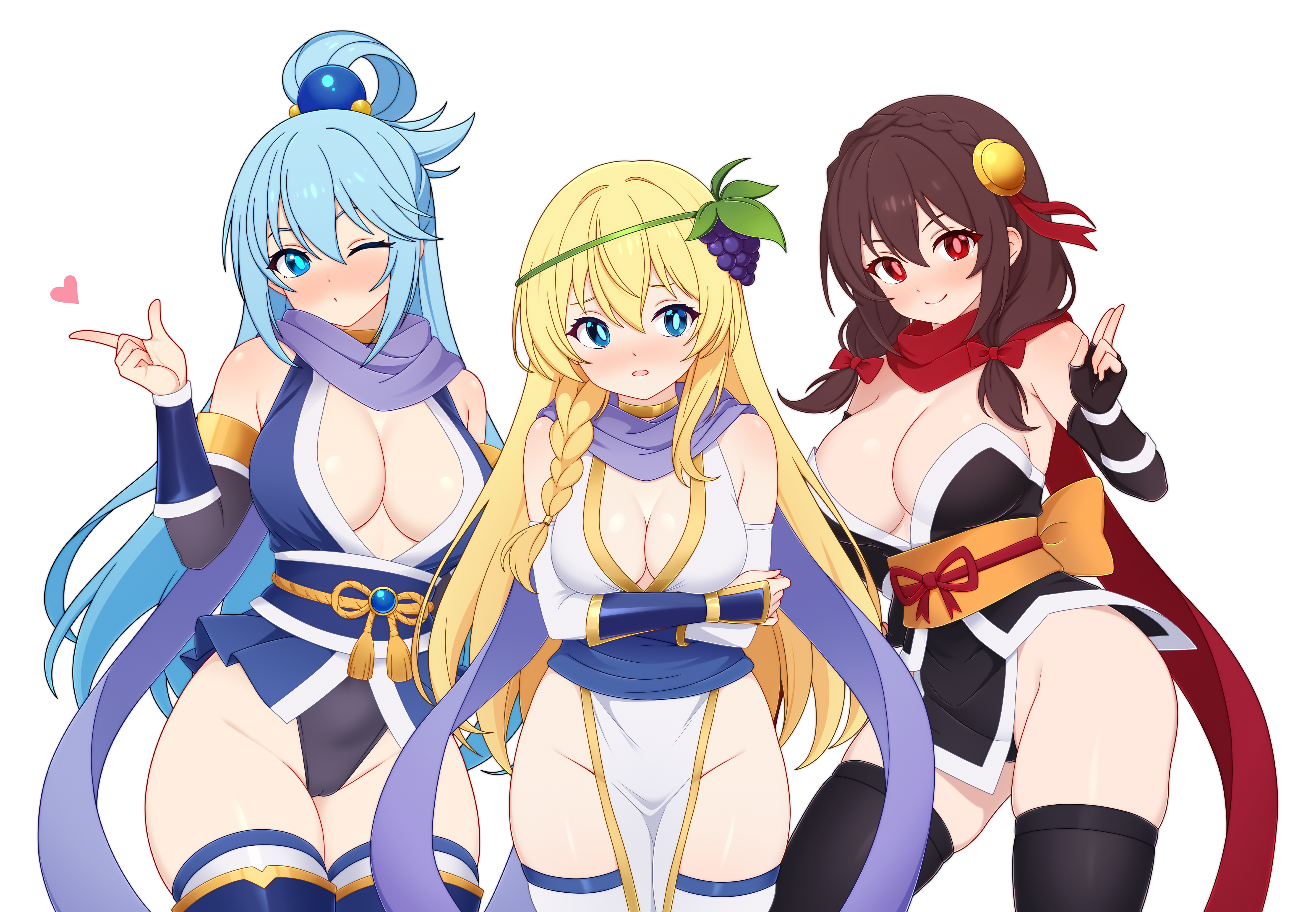 dullahan (alekey art), aqua (konosuba), iris (konosuba), yunyun (konosuba), kono subarashii sekai ni shukufuku wo!, absurdres, commission, highres, pixiv commission, 3girls, alternate costume, arms under breasts, averting eyes, black kimono, black thighhighs, blonde hair, blowing kiss, blue eyes, blue hair, blue kimono, blue scarf, blush, braid, breasts, brown hair, cleavage, food-themed hair ornament, grape hair ornament, hair ornament, hair rings, heart, japanese clothes, kimono, large breasts, long hair, looking at viewer, low twintails, medium breasts, multiple girls, ninja, one eye closed, parted lips, red eyes, red scarf, scarf, short hair, short kimono, side braid, side slit, simple background, smile, strapless kimono, thighhighs, twintails, white background, white kimono, white thighhighs