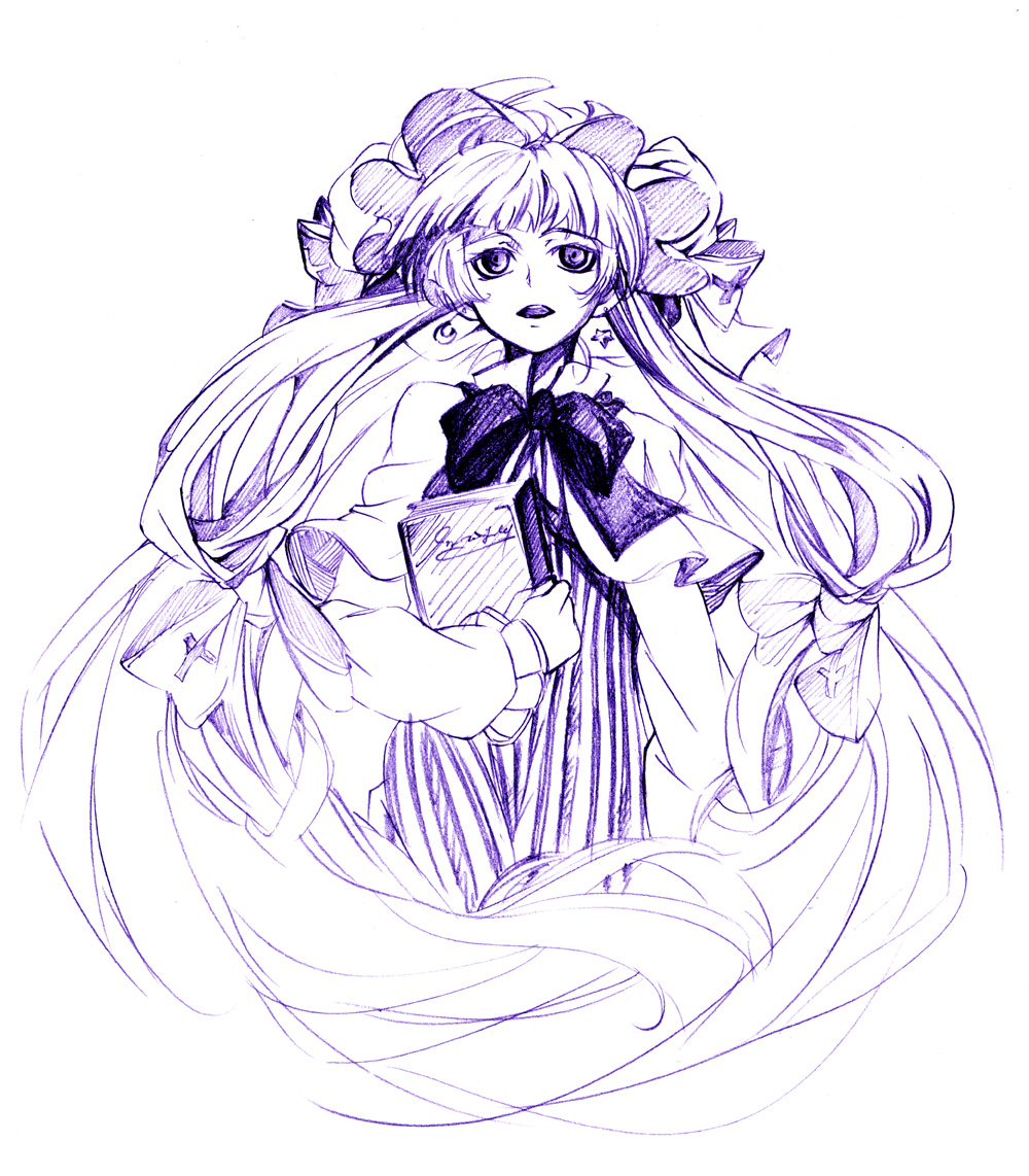 koyomiuta, patchouli knowledge, touhou, bad id, bad pixiv id, traditional media, 1girl, female focus, monochrome, purple theme, solo