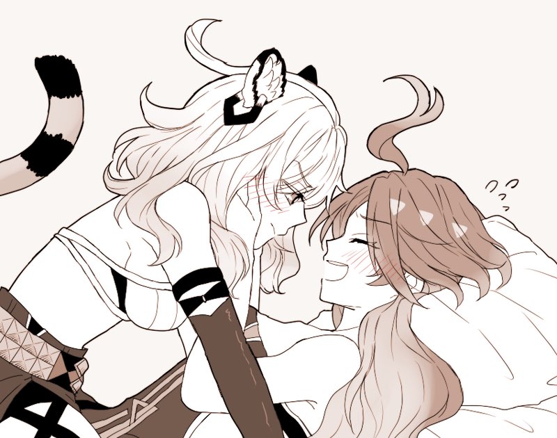 hzv jp, mavuika (genshin impact), xilonen (genshin impact), genshin impact, commentary request, 2girls, ahoge, animal ears, bare shoulders, blush, breasts, closed eyes, closed mouth, crop top, cushion, elbow gloves, flying sweatdrops, gloves, hand on another's face, jaguar ears, jaguar girl, jaguar tail, large breasts, long hair, looking at another, monochrome, multiple girls, on bed, open mouth, smile, straddling, tail, yuri