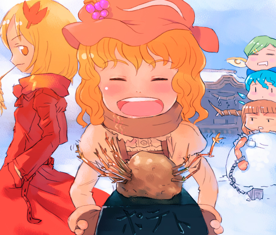 yst, aki minoriko, aki shizuha, cirno, daiyousei, ibuki suika, embodiment of scarlet devil, touhou, 5girls, blue hair, green hair, hair ornament, leaf hair ornament, multiple girls, orange hair, potato, snow