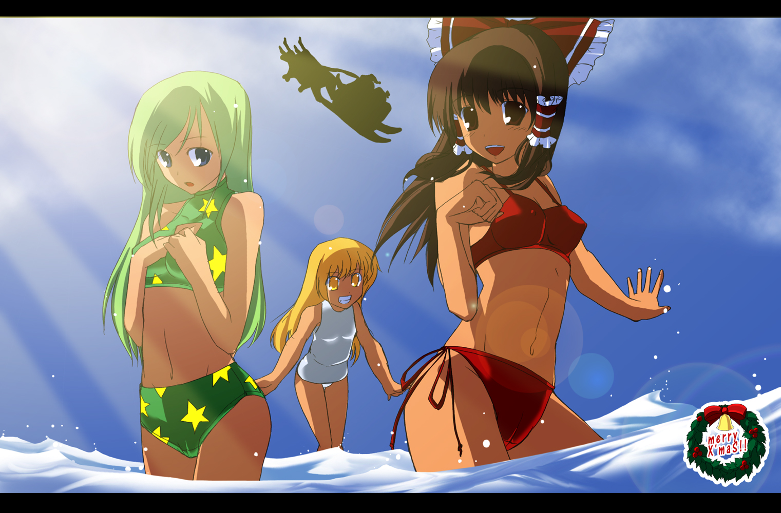 hidamarinet, hakurei reimu, kirisame marisa, kochiya sanae, touhou, bad id, bad pixiv id, 3girls, bikini, blonde hair, brown hair, female focus, frog, green eyes, green hair, letterboxed, long hair, multiple girls, navel, ocean, side-tie bikini bottom, snake, swimsuit, yellow eyes