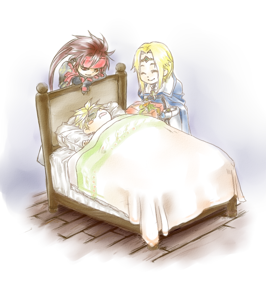tansoku neko, ky kiske, sin kiske, sol badguy, arc system works, guilty gear, guilty gear 2, 3boys, ^ ^, bed, blanket, closed eyes, eyepatch, father and son, gift, male focus, multiple boys, pillow, ponytail, sleeping, wooden floor