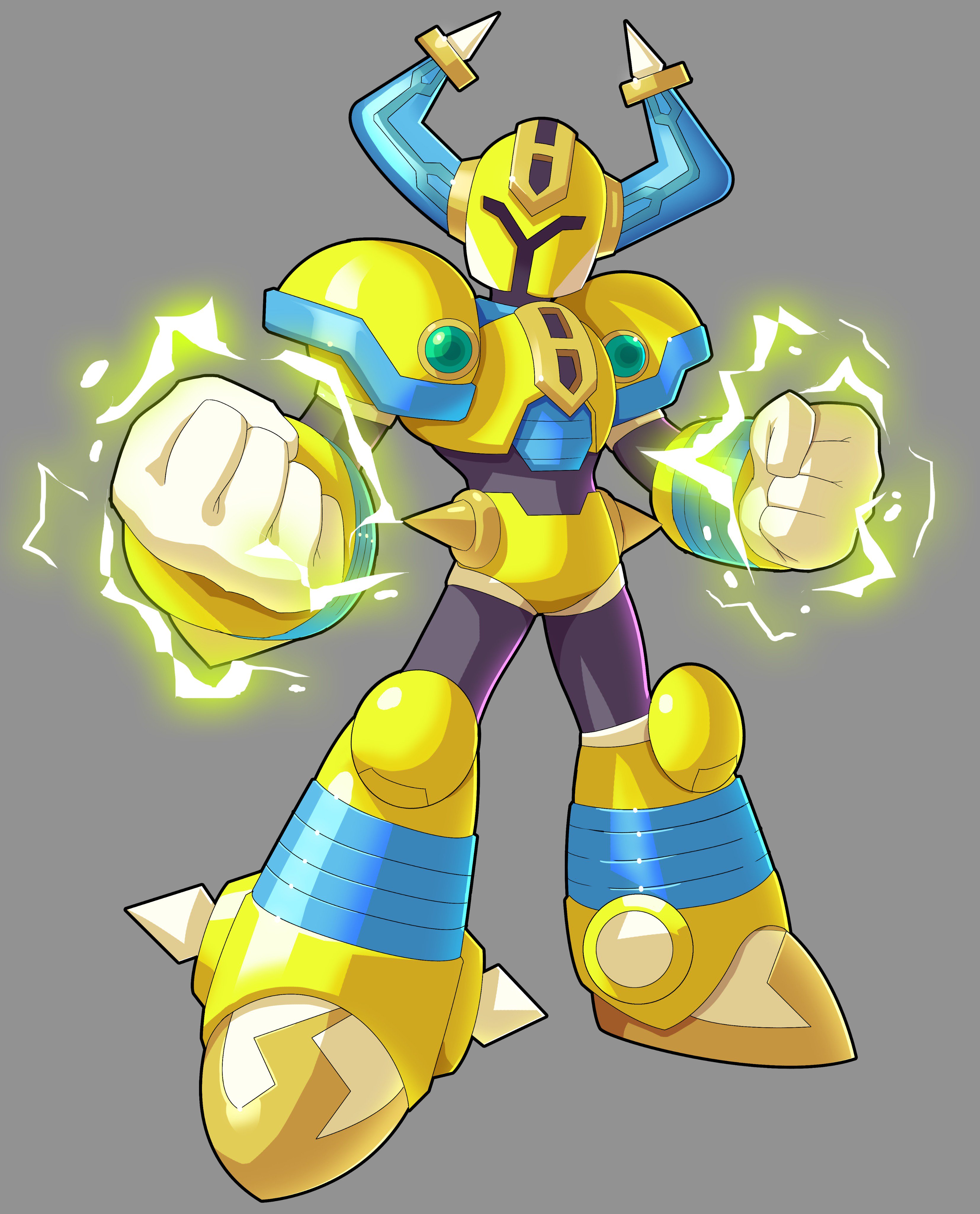 ultimatemaverickx, fuse man, shovel knight (character), mega man (classic), mega man (series), mega man 11, shovel knight, absurdres, commentary, english commentary, highres, tagme, 1boy, armor, bodysuit, electricity, electrokinesis, fake horns, fusion, gloves, grey background, helmet, horned helmet, horns, legs apart, simple background, standing, white gloves, yellow armor, yellow helmet