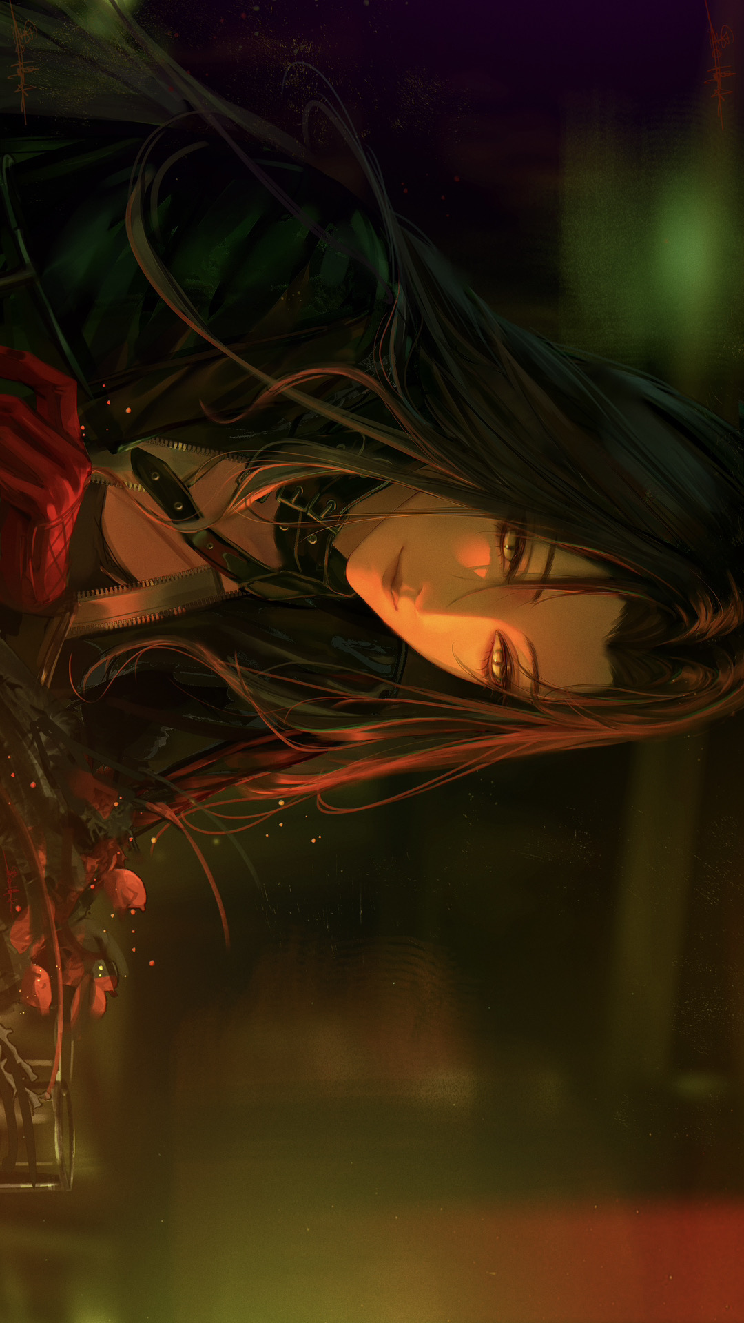 angell (path to nowhere), path to nowhere, chinese commentary, commentary request, highres, 1girl, 629de168000000002102acc1, black hair, black jacket, flower, gloves, jacket, portrait, red gloves, solo, yellow eyes