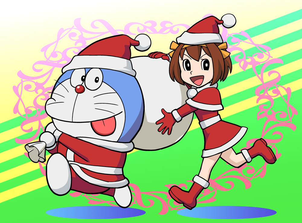 ueyama michirou, doraemon (character), suzumiya haruhi, doraemon, suzumiya haruhi no yuuutsu, 1girl, :p, crossover, hat, looking at viewer, miniskirt, open mouth, parody, robot, sack, santa costume, santa hat, skirt, smile, style parody, tongue, tongue out