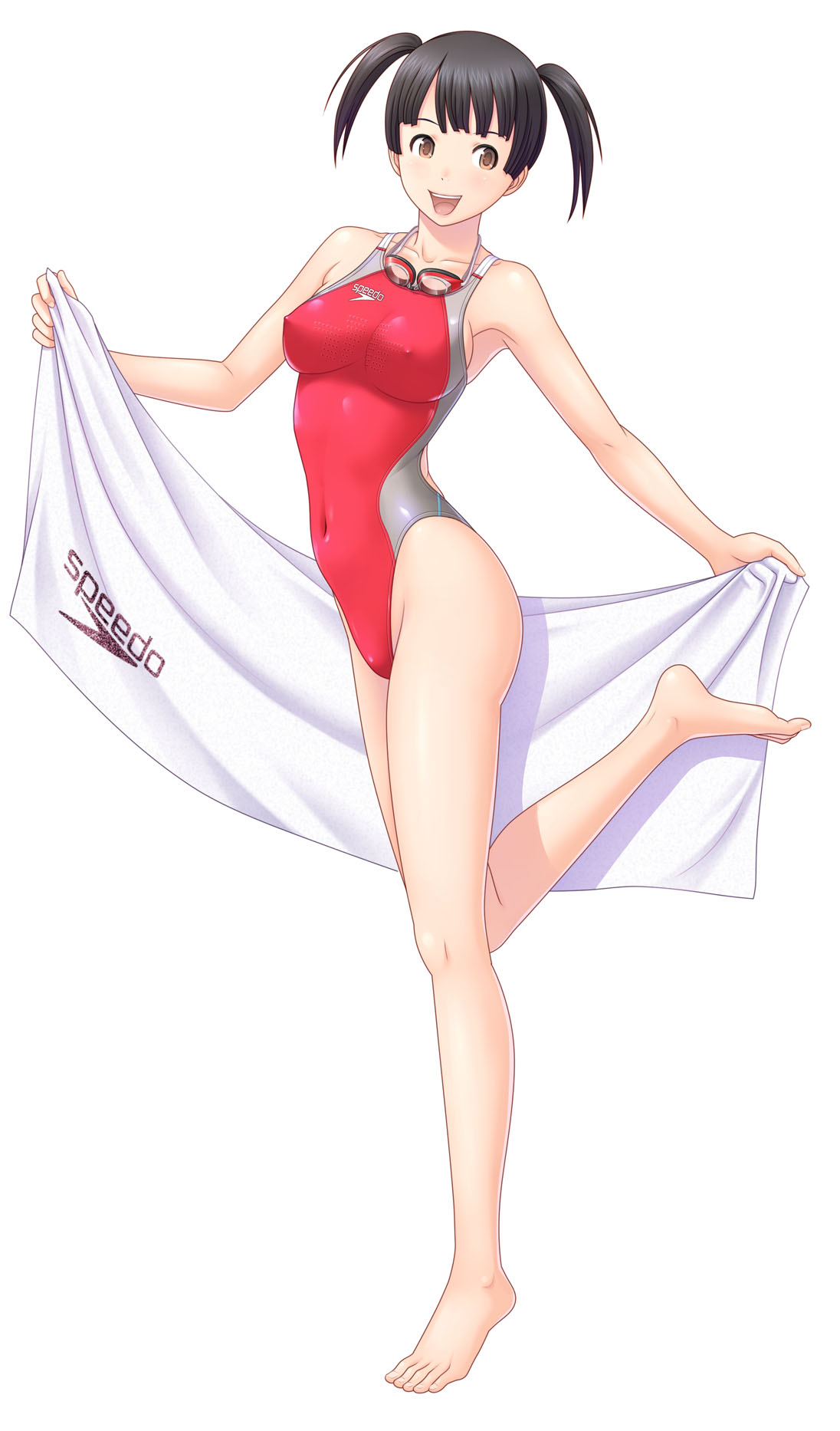 kuri (kurigohan), speedo (company), character request, highres, 1girl, barefoot, black hair, breasts, brown eyes, competition swimsuit, covered erect nipples, feet, female focus, goggles, highleg, highleg one-piece swimsuit, medium breasts, one-piece swimsuit, solo, swimsuit, towel, twintails