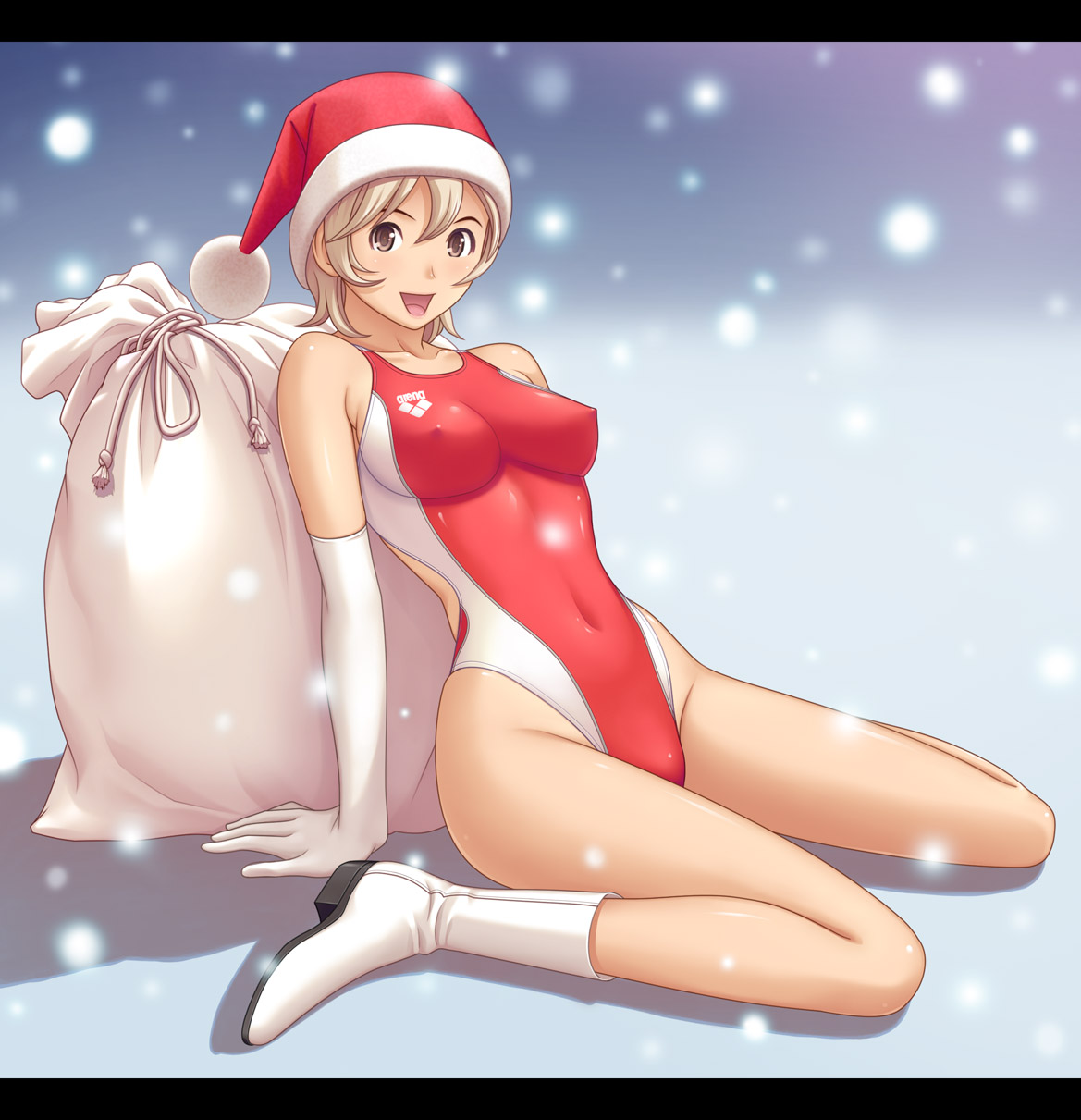 kuri (kurigohan), arena (company), original, highres, 1girl, arm support, blonde hair, boots, breasts, christmas, competition swimsuit, covered erect nipples, elbow gloves, female focus, gloves, go-go boots, grey eyes, happy, hat, highleg, highleg one-piece swimsuit, kneeling, legs, medium breasts, one-piece swimsuit, sack, santa hat, shiny clothes, shiny skin, short hair, sitting, skin tight, smile, snow, solo, swimsuit, wariza, white gloves