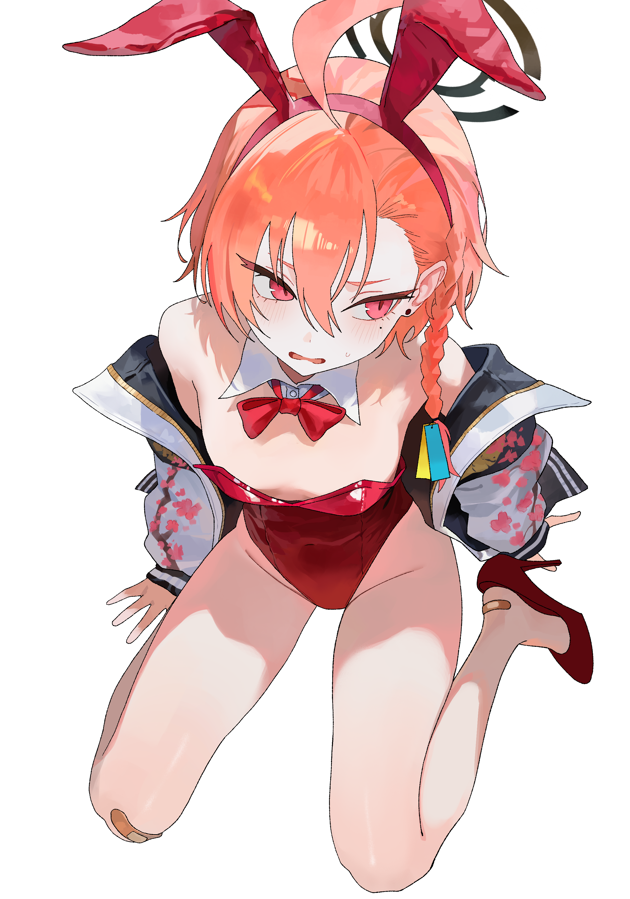 nbee ya, neru (blue archive), neru (bunny) (blue archive), blue archive, absurdres, commentary, highres, 1girl, ahoge, animal ear hairband, animal ears, asymmetrical hair, bandaid, bandaid on foot, bandaid on knee, bandaid on leg, black halo, bow, bowtie, braid, breasts, detached collar, fake animal ears, hairband, halo, huge ahoge, jacket, kneeling, leotard, orange hair, playboy bunny, print jacket, rabbit ears, red bow, red bowtie, red eyes, red leotard, simple background, single braid, small breasts, solo, strapless, strapless leotard, sukajan, tag, white background