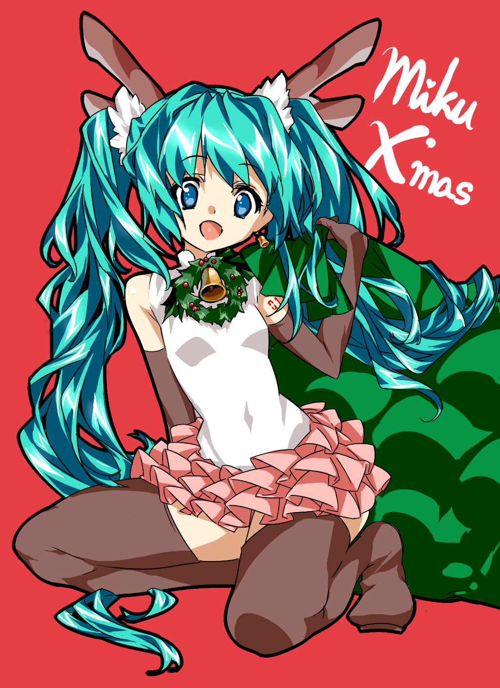 maetaku, hatsune miku, vocaloid, bad id, bad pixiv id, highres, 1girl, aqua eyes, aqua hair, bell, christmas, elbow gloves, female focus, full body, gloves, horns, long hair, skirt, smile, solo, thighhighs, twintails, very long hair, zettai ryouiki