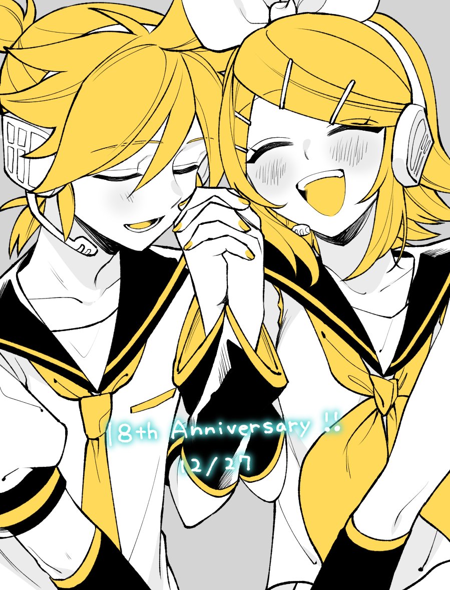 igarashi (morimorienoki), kagamine len, kagamine rin, vocaloid, commentary request, 1boy, 1girl, ^ ^, anniversary, bare shoulders, black sailor collar, black sleeves, blonde hair, blush, bow, brother and sister, cheek-to-cheek, closed eyes, collarbone, colored mouth, colored tongue, detached sleeves, grey background, greyscale, hair bow, hair ornament, hairclip, happy, headphones, heads together, headset, holding hands, interlocked fingers, limited palette, lower teeth only, medium hair, monochrome, neckerchief, necktie, open mouth, ponytail, sailor collar, shirt, short hair, short ponytail, short sleeves, siblings, sleeveless, sleeveless shirt, smile, spot color, swept bangs, teeth, twins, upper teeth only, yellow nails, yellow neckerchief, yellow necktie, yellow tongue