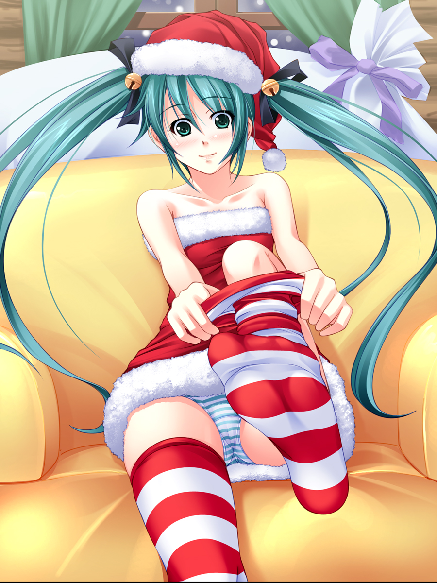 kobapyon, hatsune miku, vocaloid, highres, 1girl, adjusting clothes, adjusting legwear, aqua hair, bell, bow, christmas, couch, dressing, feet, female focus, foot focus, foreshortening, hair bow, hat, long hair, outstretched leg, panties, pantyshot, patterned legwear, red & white, sack, santa costume, santa hat, sitting, smile, sock pull, solo, striped clothes, striped panties, striped thighhighs, thighhighs, thighhighs pull, twintails, two-tone stripes, underwear, undressing, upskirt, very long hair, yellow upholstery