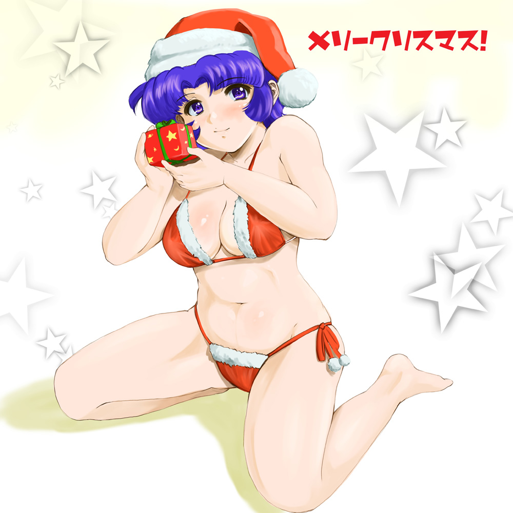 shu-z, kusuha mizuha, banpresto, super robot wars, super robot wars original generation, 1girl, barefoot, bikini, blue hair, christmas, female focus, gift, hat, holding, holding gift, purple eyes, santa bikini, santa costume, santa hat, short hair, solo, swimsuit