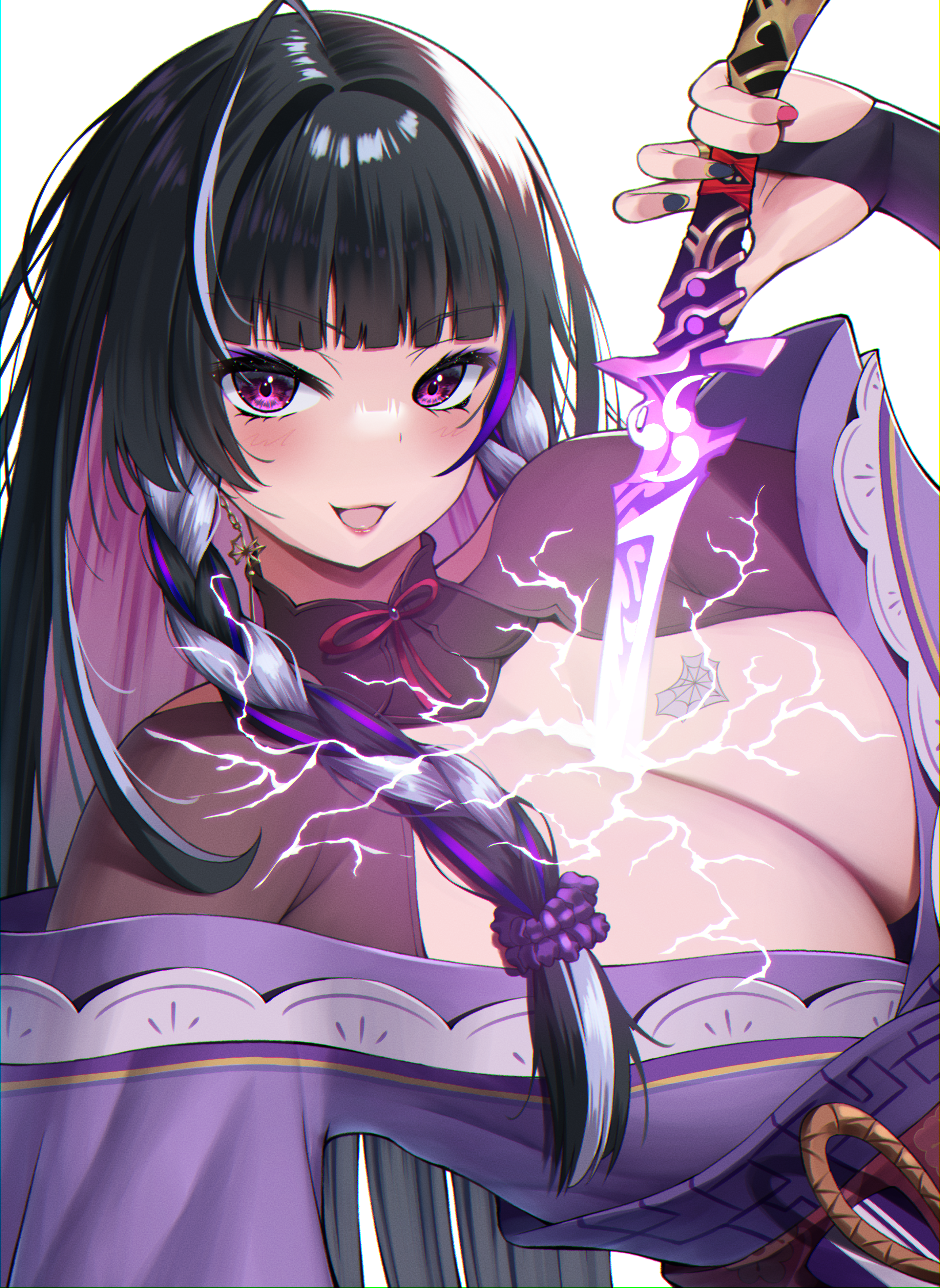 himeliofon, meloco kyoran, raiden shogun, genshin impact, nijisanji, nijisanji en, absurdres, commentary, english commentary, highres, 1girl, blunt bangs, blush, braid, braided sidelock, breasts, cleavage, clothing cutout, cosplay, crossover, drawing sword, electricity, glowing, glowing sword, glowing weapon, holding, holding sword, holding weapon, huge breasts, human scabbard, japanese clothes, kimono, long hair, looking at viewer, musou isshin (genshin impact), neck ribbon, off shoulder, open mouth, purple eyes, purple hair, purple kimono, raiden shogun (cosplay), red ribbon, red sash, ribbon, sash, shoulder cutout, solo, sword, sword between breasts, virtual youtuber, weapon