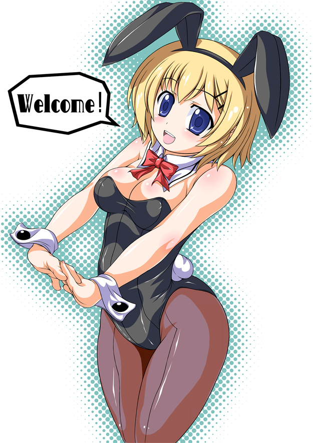 utagawa masaya, original, animal ears, blonde hair, english text, fake animal ears, pantyhose, playboy bunny, rabbit ears, short hair, solo
