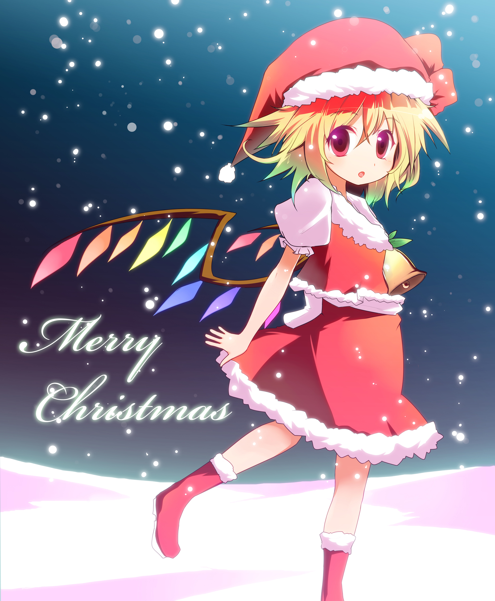 bell (artist), bell (oppore coppore), flandre scarlet, embodiment of scarlet devil, touhou, absurdres, bad id, bad pixiv id, highres, 1girl, bell, blonde hair, boots, christmas, female focus, gradient hair, green hair, multicolored hair, red eyes, santa costume, short hair, snow, solo, wings