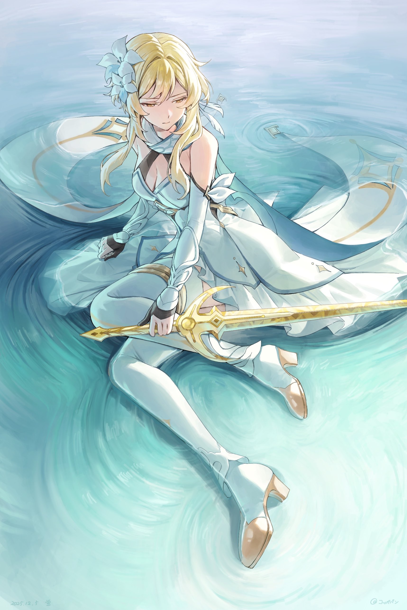 coppepan, lumine (genshin impact), genshin impact, absurdres, commentary request, highres, 1girl, black gloves, blonde hair, boots, breasts, cleavage, closed mouth, collared cape, detached sleeves, dress, flower, full body, gloves, hair flower, hair intakes, hair ornament, holding, holding sword, holding weapon, partially fingerless gloves, short hair with long locks, solo, sword, thigh boots, traveler's original sword (genshin impact), water, weapon, white boots, white dress, white sleeves, yellow eyes