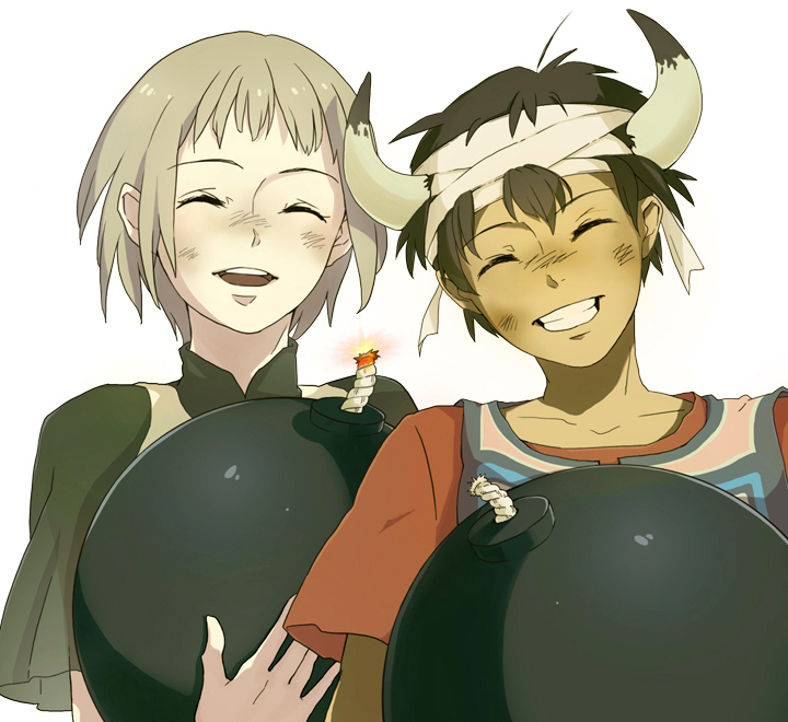 nekomegane, o (2024), ico (character), yorda, ico, silver hair, bad id, bad pixiv id, 1boy, 1girl, bandages, bomb, brown hair, closed eyes, couple, explosive, happy, horns, short hair, smile, suicide, surcoat, tabard