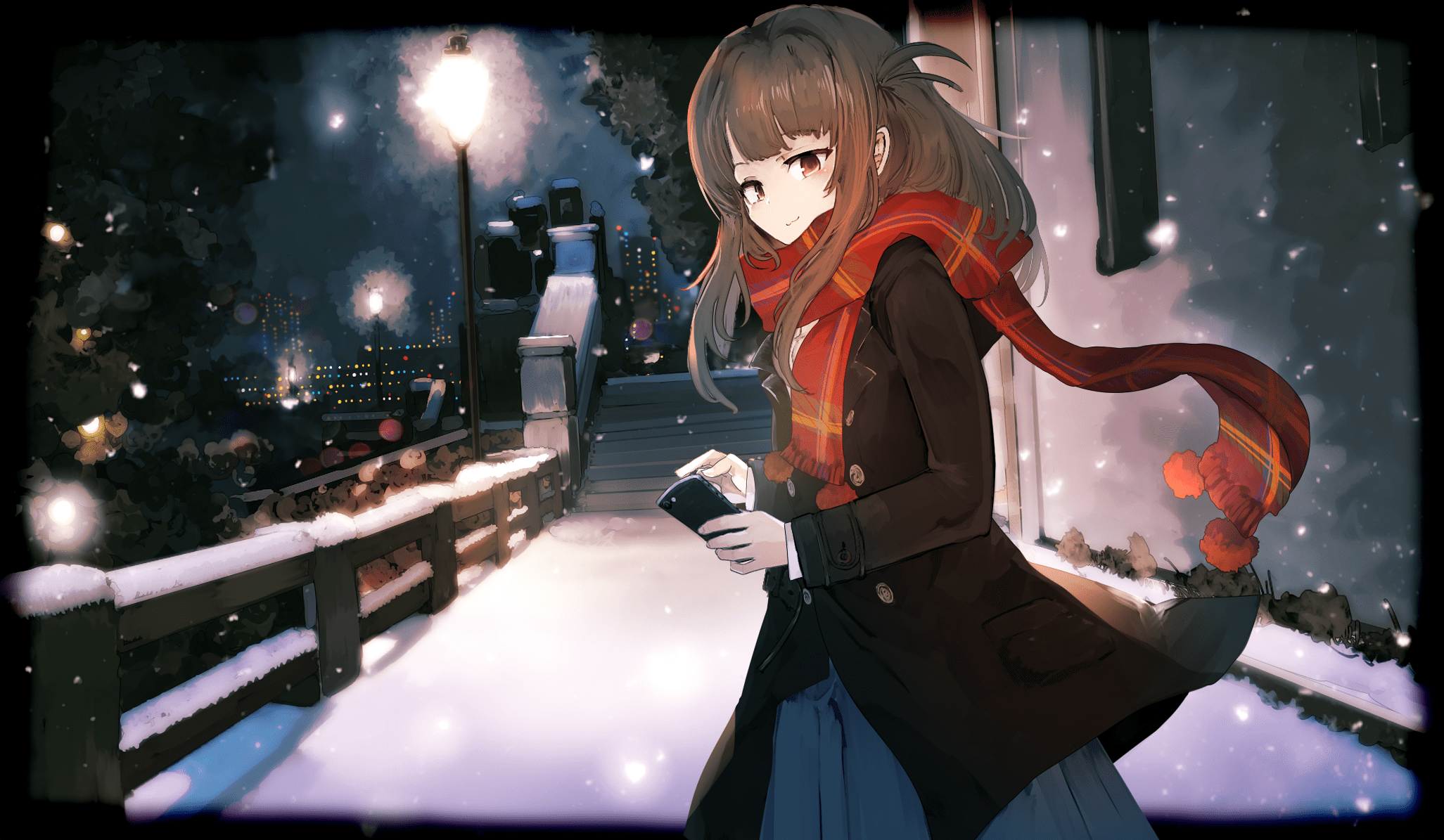 yoshioka yoshiko, akishino yuzuki, indie virtual youtuber, commentary request, highres, 1girl, black jacket, blue skirt, brown eyes, brown hair, cellphone, closed mouth, holding, holding phone, jacket, lamppost, looking at viewer, medium hair, outdoors, phone, sidelocks, skirt, smartphone, smile, snow, snowing, solo, virtual youtuber