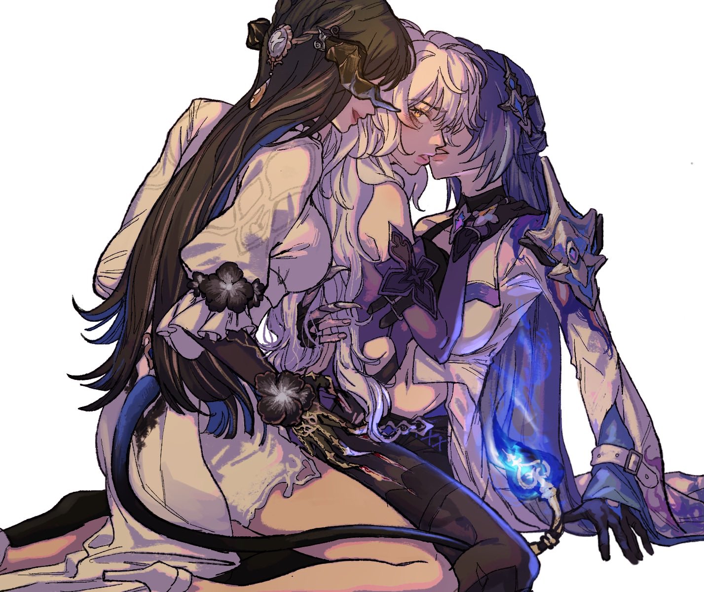 kim srm, acheron (honkai: star rail), black swan (honkai: star rail), the dahlia (honkai: star rail), honkai: star rail, honkai (series), commentary, highres, symbol-only commentary, 3girls, armor, black flower, black hair, breasts, choker, demon horns, demon tail, dress, flower, girl sandwich, gloves, hair ornament, horns, long hair, multiple girls, pantyhose, purple hair, sandwiched, shoulder armor, tail, very long hair, white background, yuri