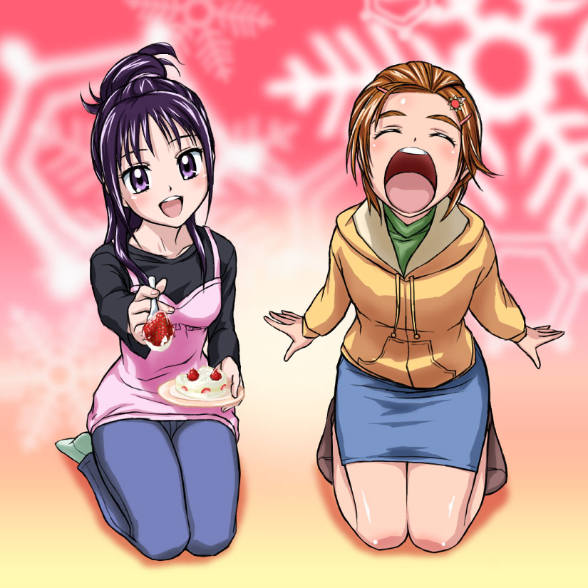 hajime (caramel toone), hyuuga saki, mishou mai, futari wa precure splash star, precure, 00s, 2girls, brown hair, cake, closed eyes, denim, denim skirt, eyelashes, feet, food, fruit, hair held back, hair ornament, hairclip, half updo, jeans, kneeling, long hair, multiple girls, open mouth, pants, pencil skirt, purple eyes, purple hair, short hair, skirt, socks, spoon, strawberry
