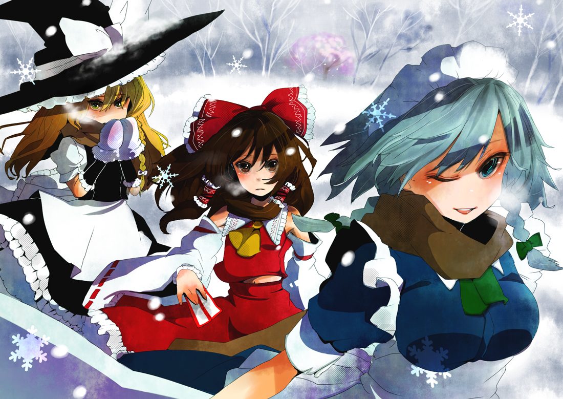 kakueki-teisha, hakurei reimu, izayoi sakuya, kirisame marisa, perfect cherry blossom, touhou, silver hair, 3girls, ;d, apron, ascot, bare tree, blonde hair, blue eyes, blue hair, blush, bow, breath, brown eyes, brown hair, capelet, covering own mouth, detached sleeves, female focus, forest, frown, hair bow, hair tubes, hat, hat bow, lips, long hair, looking at viewer, maid headdress, mittens, multiple girls, nature, ofuda, one eye closed, open mouth, outdoors, own hands together, scarf, short hair, skirt, skirt set, smile, snow, snowflakes, snowing, straight hair, tree, waist apron, walking, wide sleeves, wink, witch hat, yellow eyes