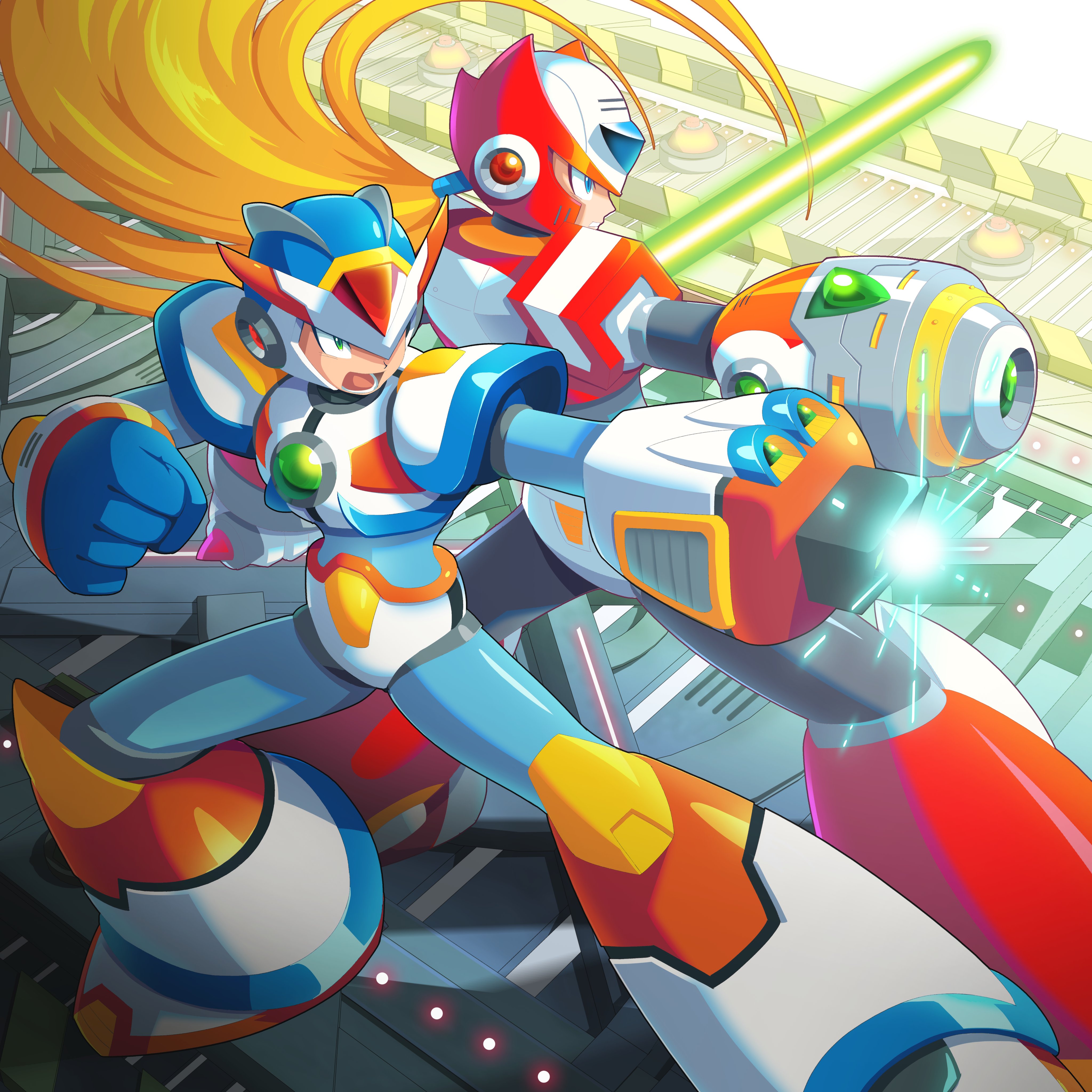 ultimatemaverickx, third armor x (mega man), x (mega man), zero (mega man), mega man (series), mega man x3, mega man x (series), absurdres, highres, 2boys, android, arm cannon, armor, blonde hair, blue eyes, blue helmet, chest jewel, clenched hand, energy sword, forehead jewel, full body, green eyes, helmet, holding, holding sword, holding weapon, long hair, male focus, multiple boys, ponytail, red armor, red helmet, shoulder armor, solo, standing, sword, weapon, white armor