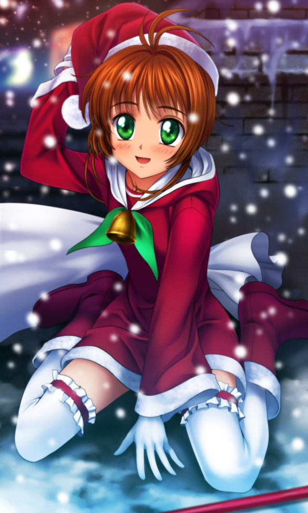 mutsuki (moonknives), kinomoto sakura, cardcaptor sakura, kodansha, 1990s (style), 1girl, bell, blush, boots, brown hair, child, christmas, dress, female focus, frilled thighhighs, frills, gloves, green eyes, hat, kneeling, open mouth, red hat, retro artstyle, santa costume, santa hat, snow, solo, thighhighs, white gloves, zettai ryouiki