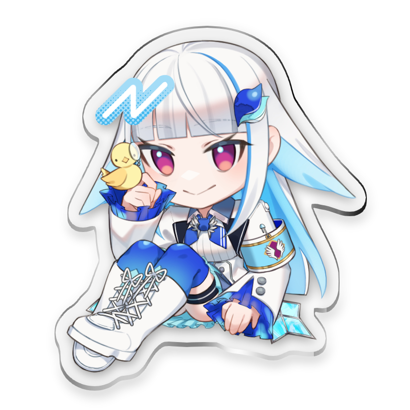 th@nk, lize helesta, lize helesta (1st costume), sebastian piyodore, nijisanji, commentary request, 1girl, :>, acrylic stand (medium), ankle boots, armband, bird, bird on hand, blue armband, blue hair, blue neckerchief, blue skirt, blue thighhighs, blunt bangs, blush, boots, chibi, chibi only, closed mouth, collared shrug, colored inner hair, frilled skirt, frilled sleeves, frills, grey outline, hair ornament, hand up, lace-up boots, long hair, long sidelocks, miniskirt, monocle, multicolored hair, neckerchief, no pupils, outline, purple eyes, shirt, shrug (clothing), sidelocks, simple background, sitting, skirt, sleeves past wrists, smile, streaked hair, thigh strap, thighhighs, two-tone hair, very long hair, virtual youtuber, white background, white boots, white hair, white shirt, white shrug, yellow bird