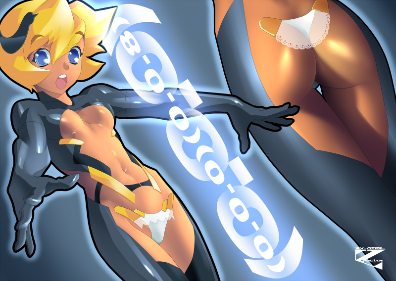 nadeara bukichi, original, 1girl, ass, black bodysuit, blonde hair, blue eyes, bodysuit, breasts, c-string, dark-skinned female, dark skin, lace, navel, open mouth, shiny skin, short hair, small breasts, strapless bottom, tan, thigh gap, thighs, underboob