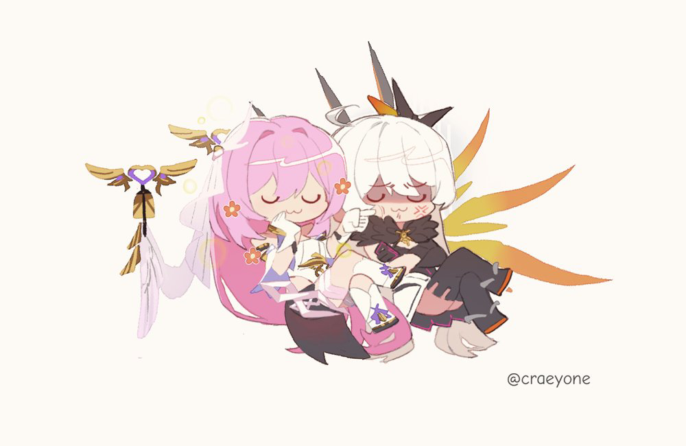 crae (craeyone), elysia (herrscher of human: ego) (honkai impact), elysia (honkai impact), kiana kaslana, kiana kaslana (herrscher of the void), honkai (series), honkai impact 3rd, commentary, english commentary, 2girls, :3, angry, bell, black boots, black gloves, boots, breasts, cheek poking, chibi, chibi only, crossed legs, floating, flower, gloves, hair between eyes, hair flower, hair ornament, long hair, multiple girls, pink hair, poking, thigh boots, thighs, twitter username, very long hair, white background, white boots, white gloves, white hair, wings