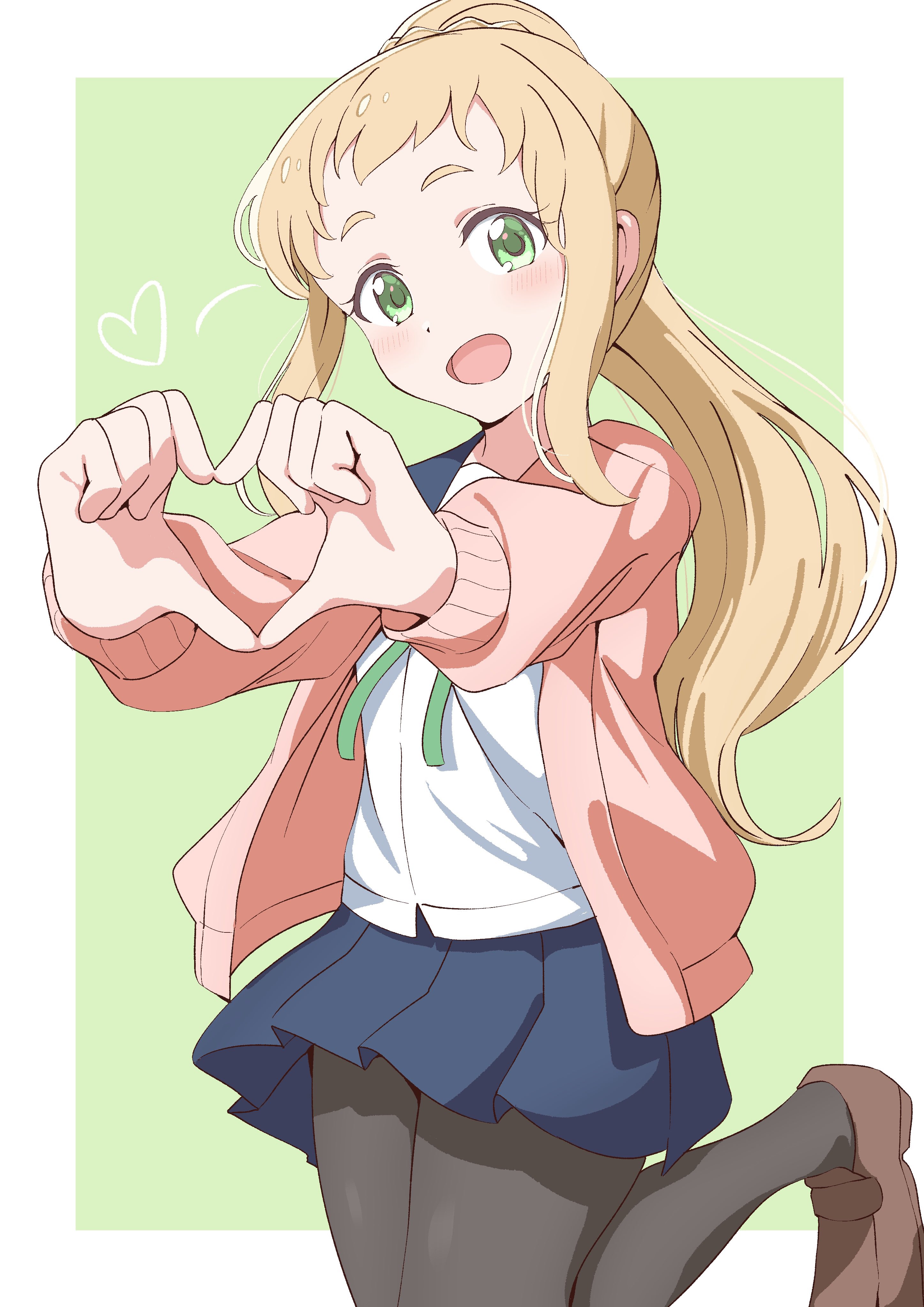 crust gm0, inose mai, koisuru asteroid, absurdres, highres, 1girl, black pantyhose, blonde hair, blue sailor collar, blue skirt, blush, collarbone, dot nose, feet out of frame, female focus, green background, green eyes, green ribbon, long hair, long sleeves, looking at viewer, open clothes, open mouth, open sweater, pantyhose, pink sweater, ponytail, ribbon, sailor collar, school uniform, serafuku, shirt, simple background, skirt, solo, standing, standing on one leg, sweater, white shirt