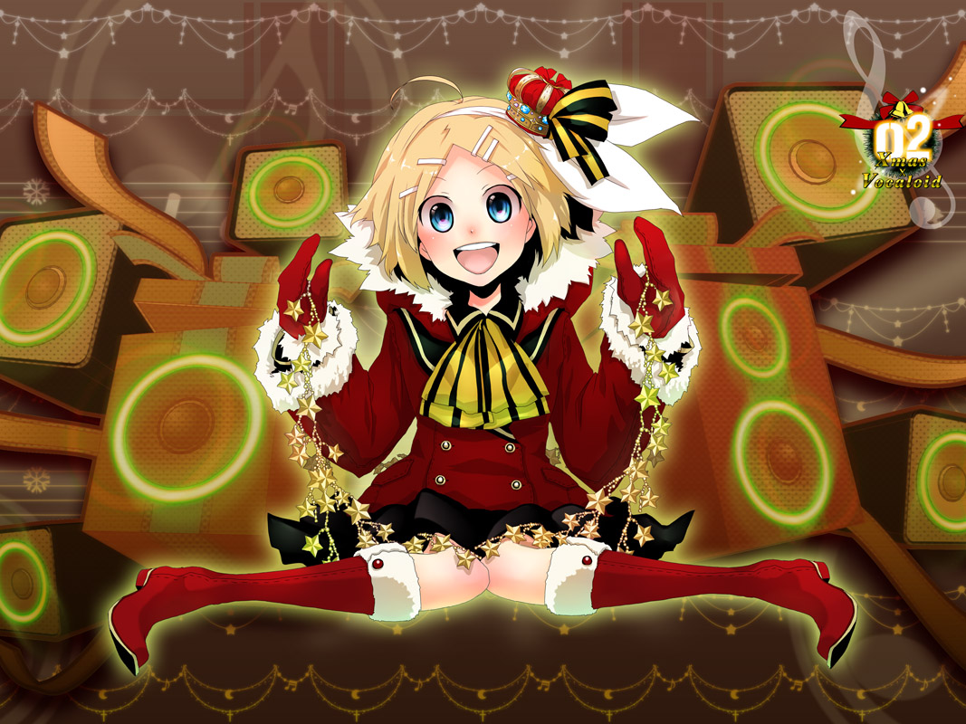 plastick, kagamine rin, vocaloid, 1girl, ahoge, blonde hair, blue eyes, boots, christmas, crown, female focus, full body, gloves, hair ornament, hair ribbon, hairclip, ribbon, short hair, sitting, skirt, smile, solo, speaker, star (symbol)