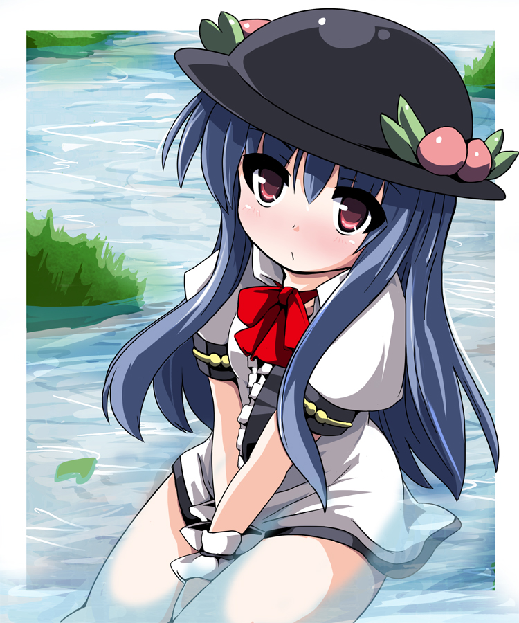 fa no hito, hinanawi tenshi, touhou, 1girl, blue hair, blush, bottomless, female focus, food, fruit, hat, peach, red eyes, ribbon, solo, water