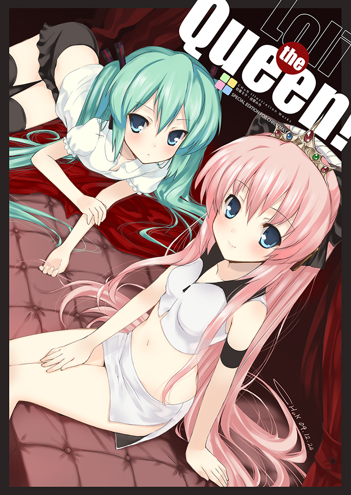 achunchun, chun (friendly sky), hatsune miku, megurine luka, vocaloid, bad id, bad pixiv id, 2girls, aqua eyes, aqua hair, blue eyes, crown, hair ribbon, long hair, midriff, multiple girls, navel, pink hair, ponytail, ribbon, sitting, skirt, smile, thighhighs, twintails, very long hair, zettai ryouiki