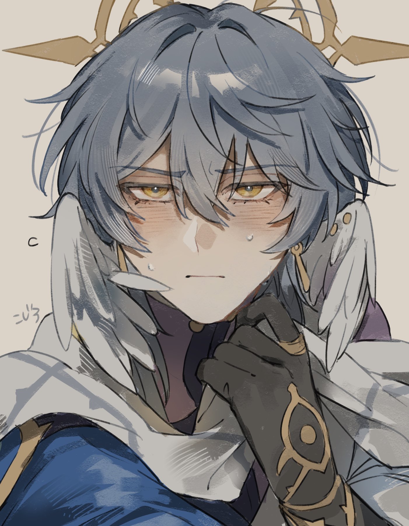 sunday (honkai: star rail), honkai: star rail, honkai (series), commentary request, highres, 1boy, :|, arm up, black gloves, blue shirt, blush, closed mouth, double-parted bangs, earrings, eyelashes, gloves, grey background, hair between eyes, halo, halo behind head, halo downfall, head wings, jewelry, looking at viewer, male focus, piercing, sanpaku, scarf, shirt, simple background, straight-on, upper body, white scarf, wings, yellow eyes