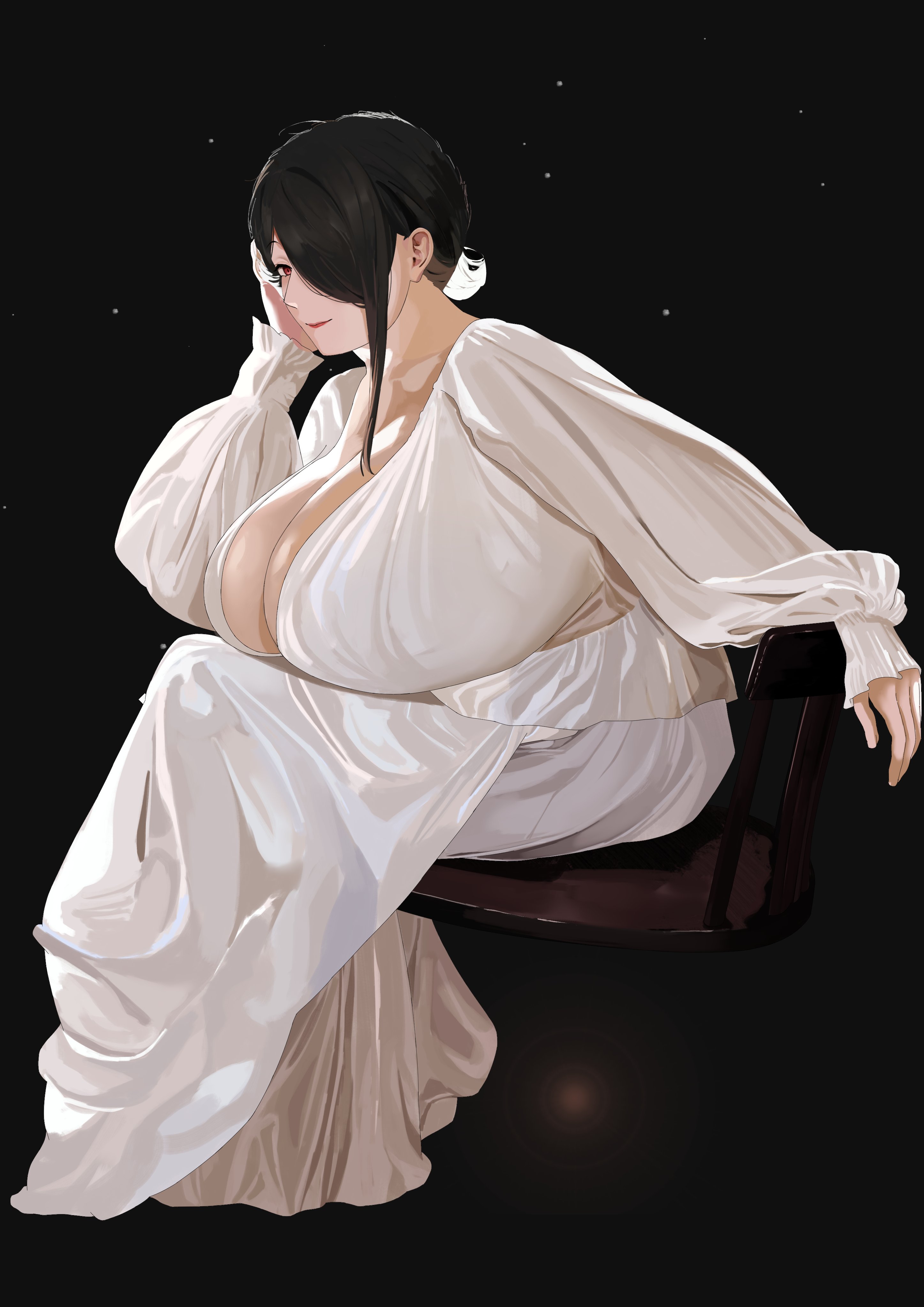 tnr (horiko1525), curvy black-haired girl (tnr), original, absurdres, highres, 1girl, black background, black hair, breasts, chair, cleavage, dress, from side, hair bun, hair over one eye, huge breasts, leaning forward, lips, long dress, mature female, one eye covered, red eyes, red lips, single hair bun, single sidelock, sitting, smile, solo, white dress