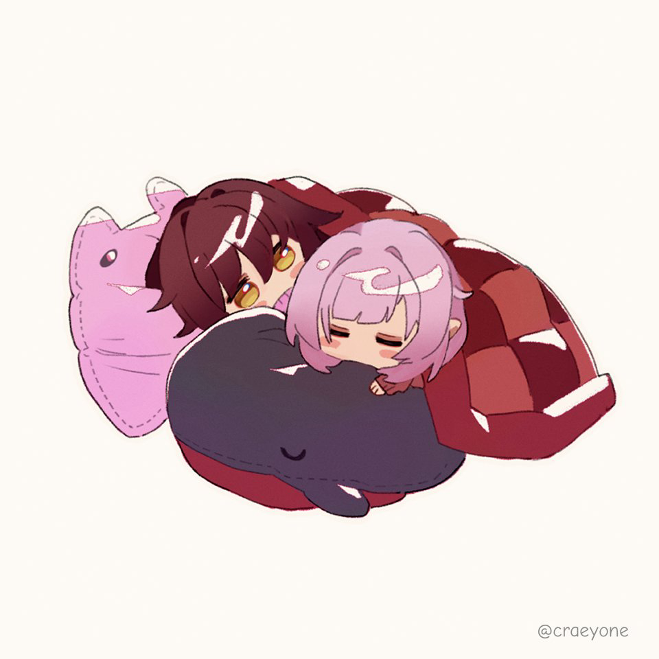 crae (craeyone), eden (honkai impact), elysia (honkai impact), honkai (series), honkai impact 3rd, commentary, english commentary, 2girls, blanket, blush stickers, brown hair, chibi, chibi only, closed eyes, elf, looking at another, multiple girls, pink hair, pointy ears, simple background, stuffed animal, stuffed toy, twitter username, under covers, yellow eyes, yuri
