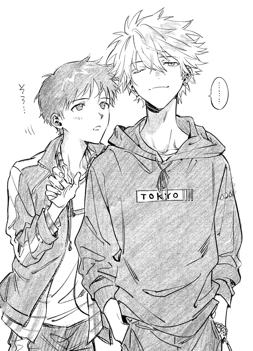himo (himodayoo), ikari shinji, nagisa kaworu, neon genesis evangelion, commentary request, highres, translation request, …, 2boys, closed mouth, greyscale, hands in pockets, height difference, hood, hoodie, light blush, long sleeves, looking at another, male focus, monochrome, multiple boys, one eye closed, short hair, simple background, spoken ellipsis, unzipped, white background