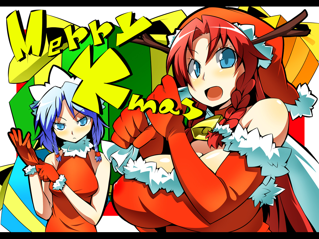 toudori, hong meiling, izayoi sakuya, touhou, silver hair, 2girls, blue eyes, braid, breasts, christmas, dress, female focus, hat, huge breasts, multiple girls, red hair, santa costume, short hair, twin braids, upper body