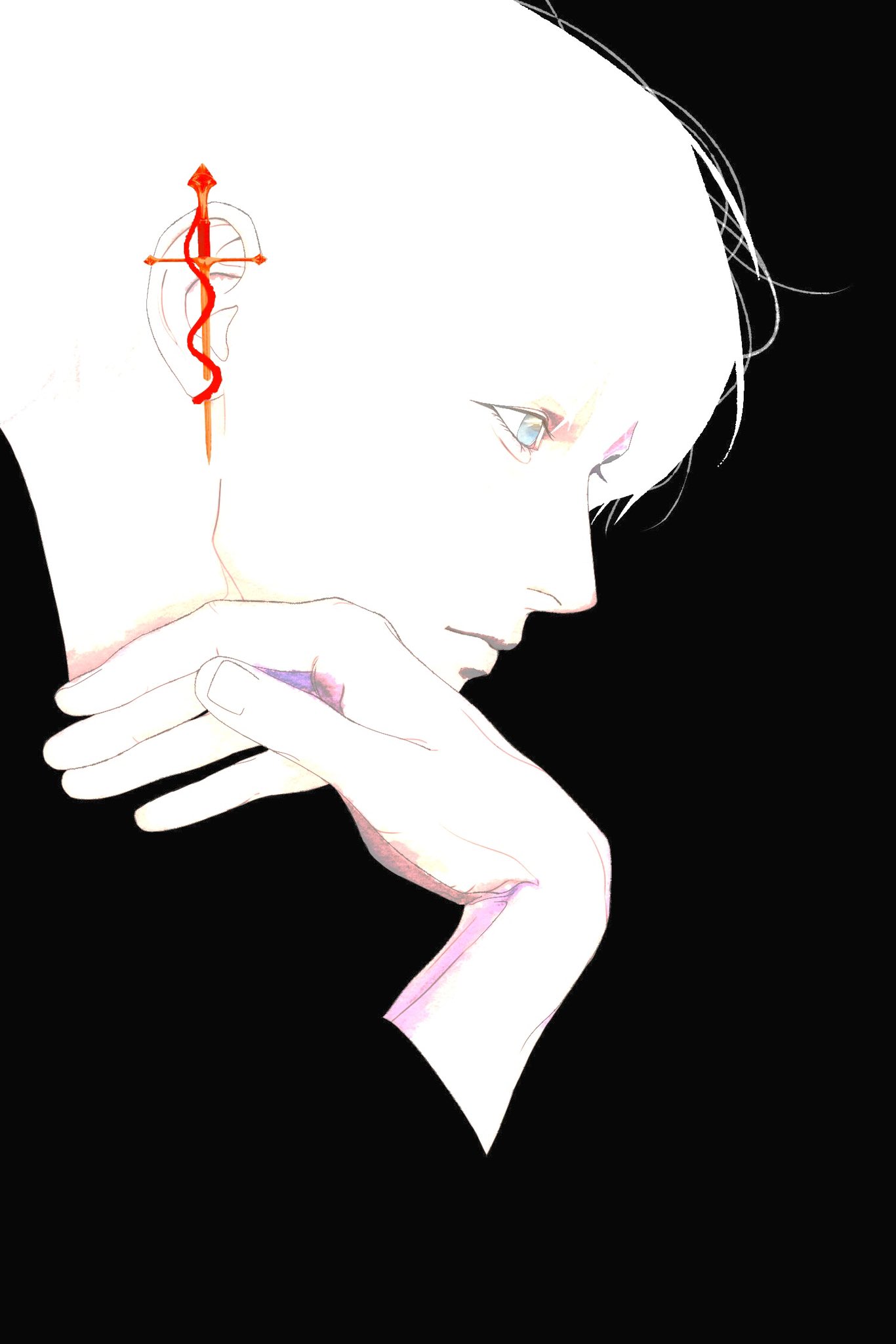 tix 0314, kim dokja, omniscient reader's viewpoint, commentary, highres, 1boy, blending, blue eyes, hand up, looking to the side, male focus, overexposure, portrait, short hair, snake, solo, sword, weapon, white hair