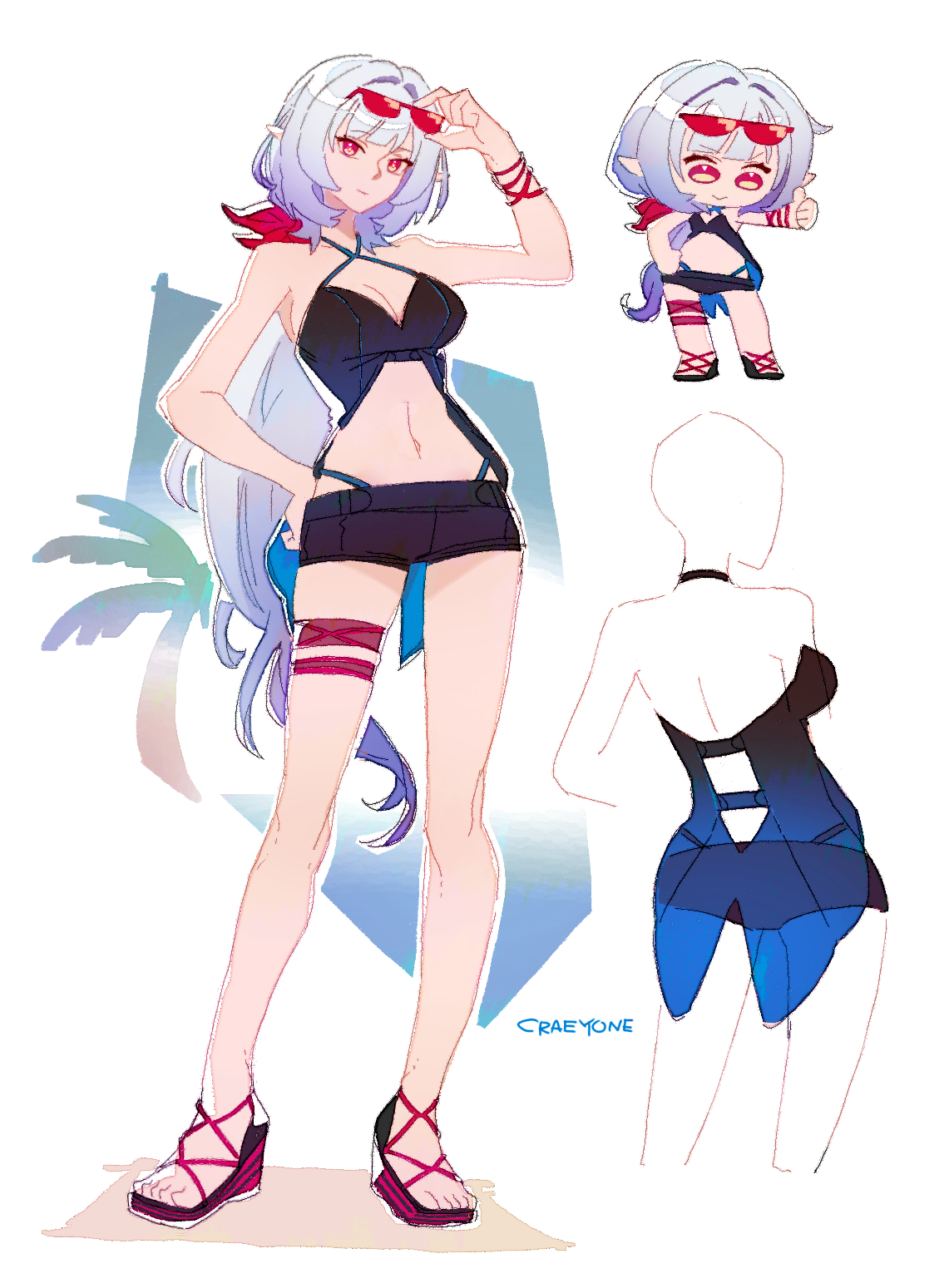 crae (craeyone), elysia (honkai impact), herrscher of corruption, honkai (series), honkai impact 3rd, commentary, english commentary, highres, 1girl, adjusting eyewear, artist name, bikini, bikini bottom under shorts, bikini under clothes, black bikini, black shorts, blue hair, breasts, chibi, cleavage, elf, eyewear on head, large breasts, long hair, multiple views, navel, palm tree, pointy ears, red eyes, sandals, short shorts, shorts, simple background, stomach, sunglasses, swimsuit, thigh strap, thumbs up, toes, tree, white background
