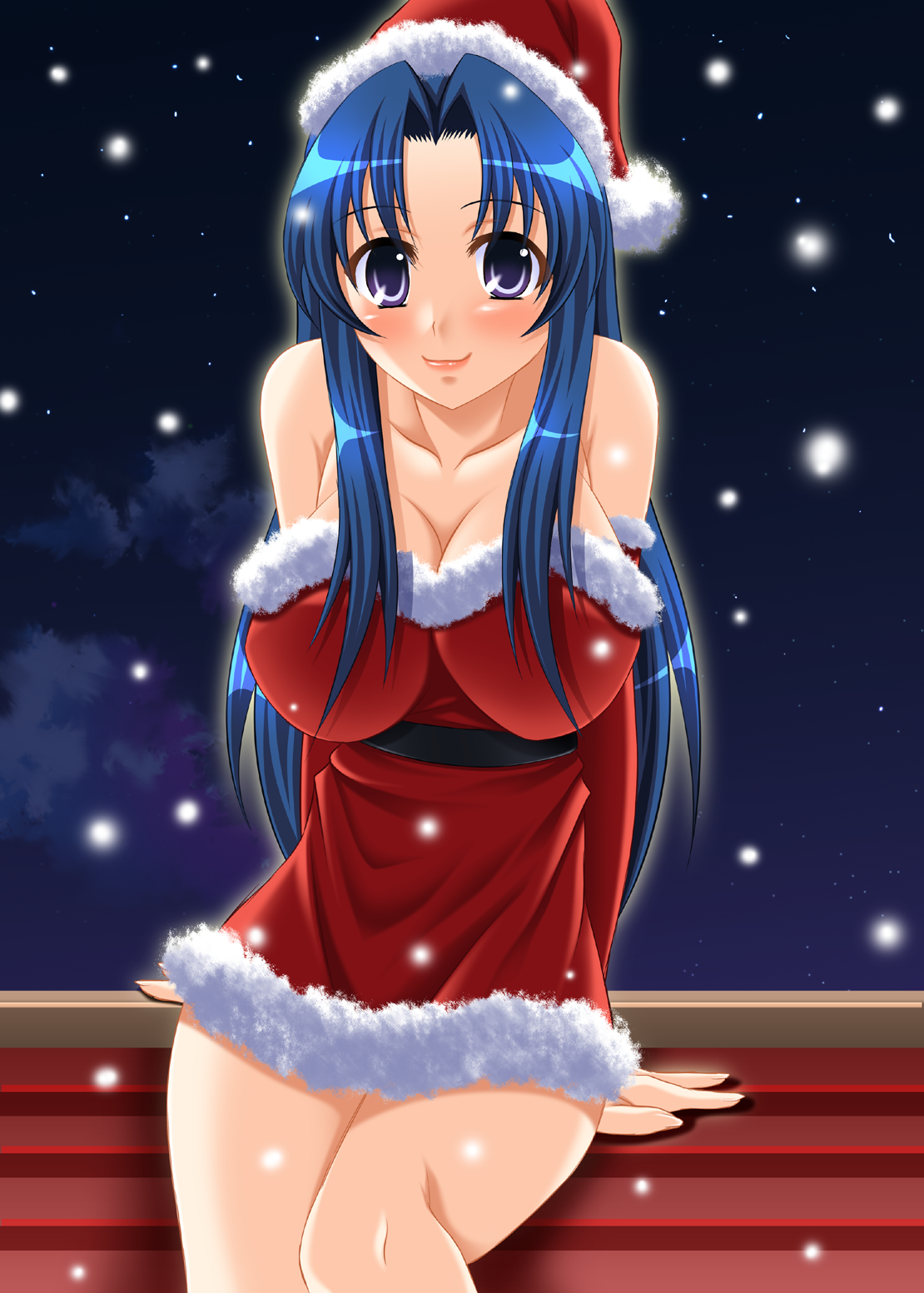 yuunagi kanade, kawashima ami, toradora!, bad id, bad pixiv id, highres, 00s, 1girl, bare shoulders, belt, blue hair, breasts, christmas, cleavage, female focus, hat, large breasts, long hair, purple eyes, santa costume, santa hat, snow, solo